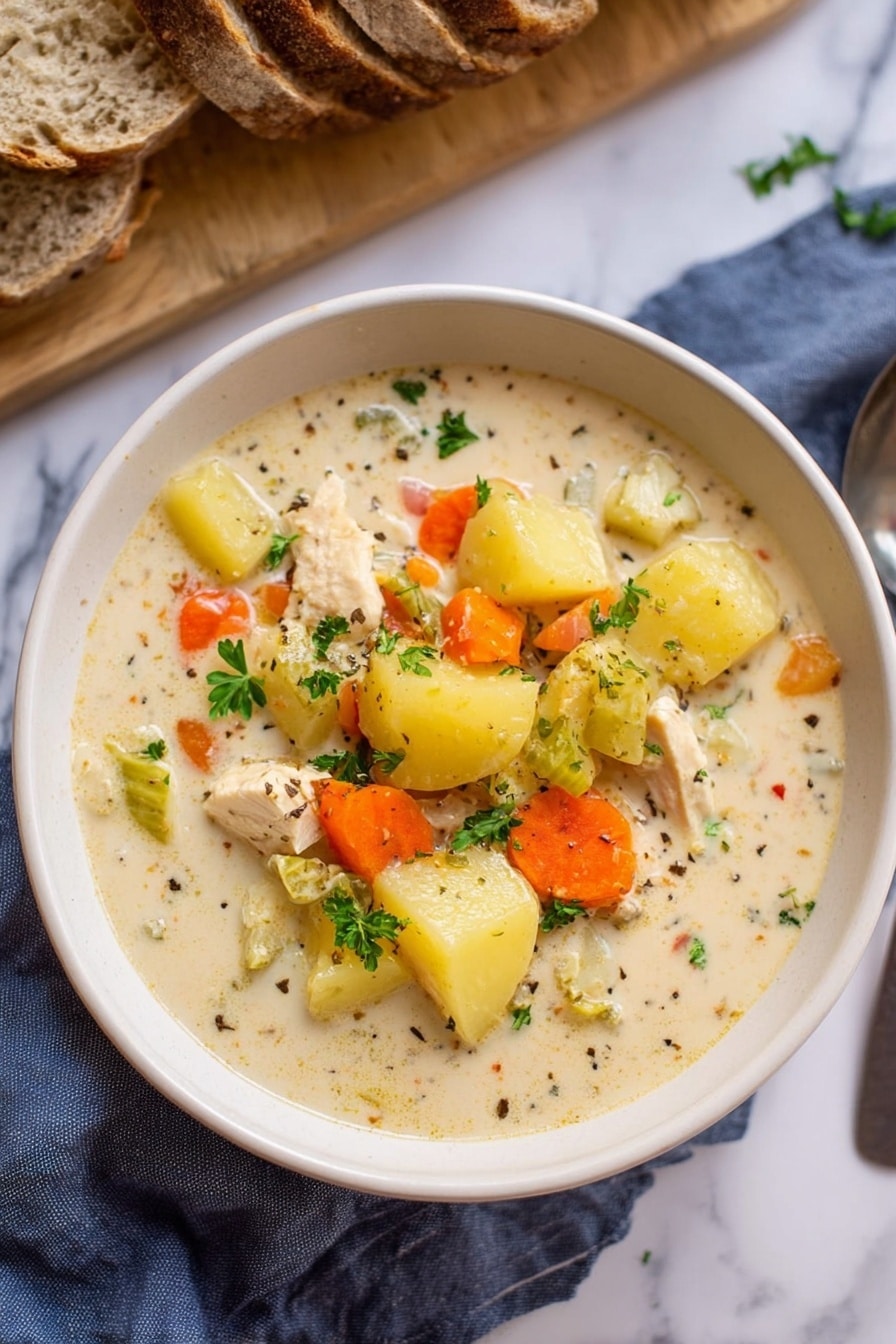 Slow Cooker Garlic Parmesan Chicken Stew, easy Italian chicken stew, creamy chicken slow cooker recipe, hearty chicken stew with garlic and Parmesan, simple weeknight chicken dinner - The image shows a white bowl filled with creamy soup that has several layers of ingredients. The base layer is a thick, light beige cream soup with small black specks of pepper. On top, there are chunks of yellow potatoes with skin, bright orange carrot pieces, and small pieces of white chicken meat. Green parsley leaves are sprinkled over the soup for color. The bowl rests on a white marbled surface with a blue-gray cloth beside it, and a wooden board with sliced rustic bread is partly shown at the top left. Photo taken with an iphone --ar 2:3 --v 7