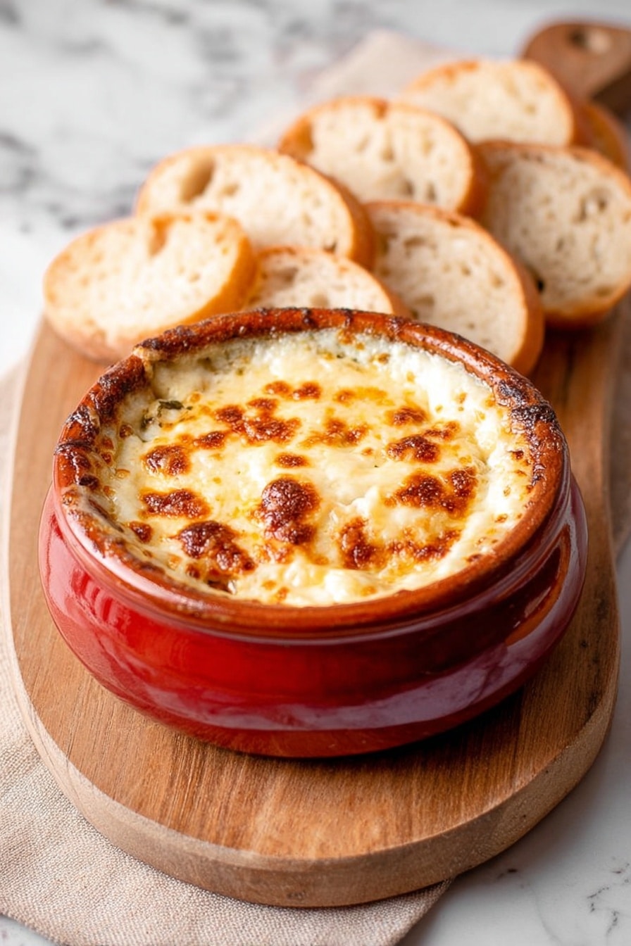Baked Spinach Dip, spinach dip appetizer, cheesy spinach dip, easy spinach dip recipe, crowd-pleasing spinach dip - A woman's hand is lifting a piece of bread topped with creamy spinach and melted cheese, with long cheese strands stretching from the piece to a round red ceramic bowl below. The bowl is filled with a baked and bubbly layer of golden-brown melted cheese on top, underneath which is visible a creamy spinach mixture. The bowl is placed on a wooden board with more bread slices blurred in the background, all set on a white marbled surface. Photo taken with an iphone --ar 2:3 --v 7