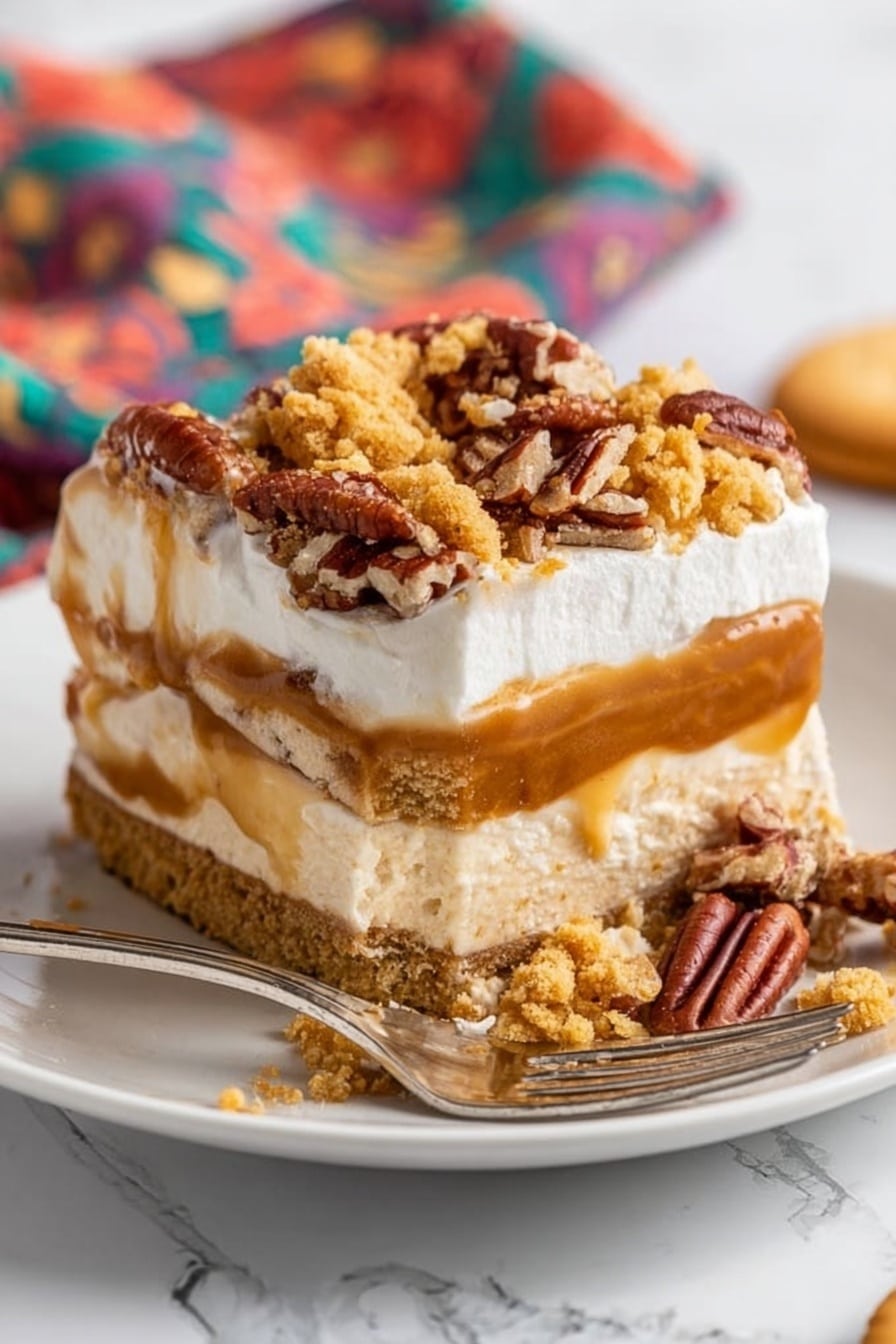 No Bake Pumpkin Lush, pumpkin lush dessert, no bake pumpkin pie, easy pumpkin dessert, fall no bake recipes - The image shows a square dessert on a white plate with three visible layers: a crumbly brown crust at the bottom, a thick light brown creamy middle layer, and a white whipped topping layer on top. The dessert is sprinkled with broken pecan pieces and chunks of a golden cookie. There are a few pecan pieces and cookie crumbs on the plate around the dessert, along with a whole light brown cookie on the side. The background is a white marbled surface with a colorful cloth featuring floral patterns in soft yellow, blue, and red tones. Photo taken with an iphone --ar 2:3 --v 7