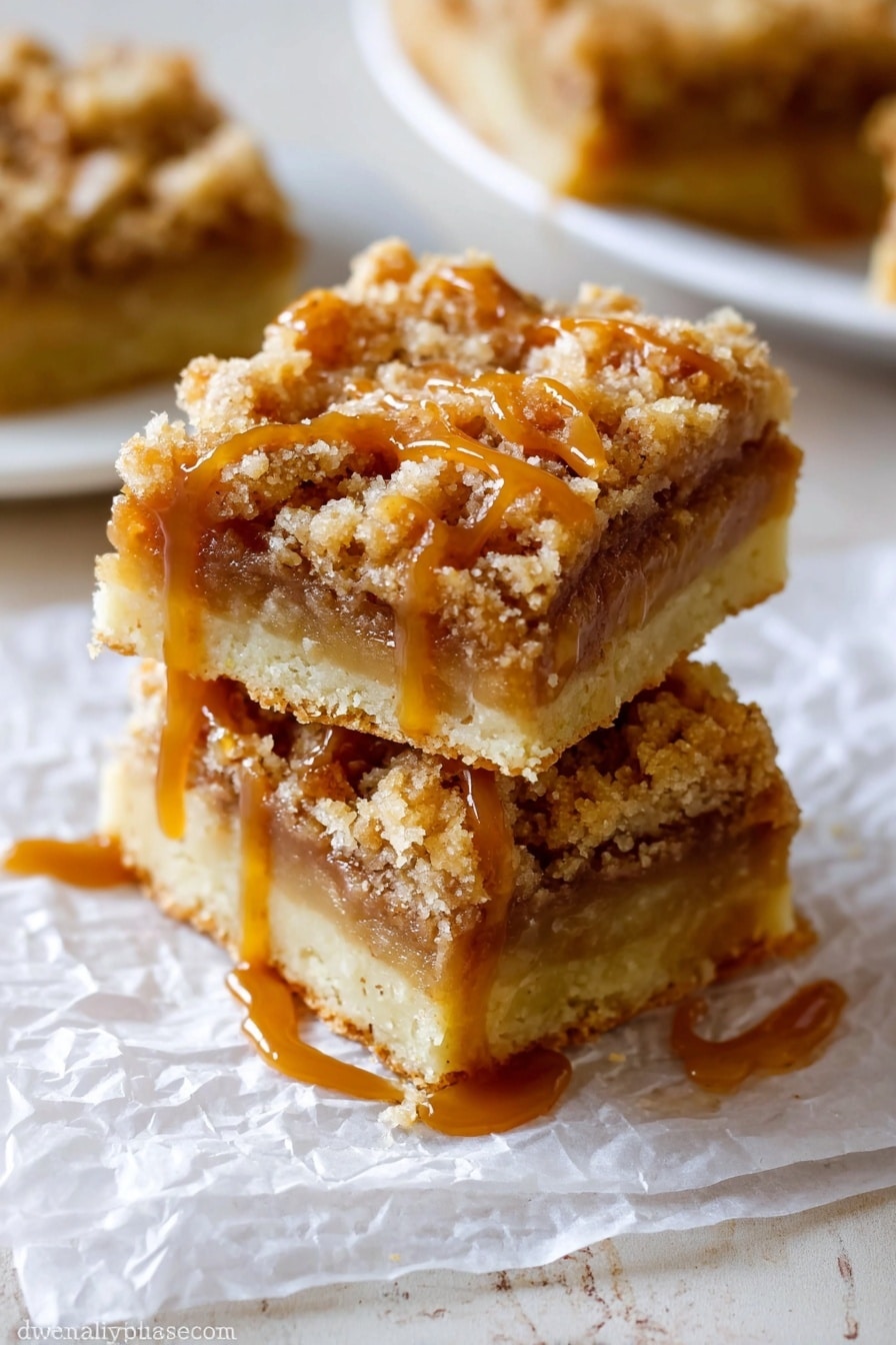 Salted Caramel Apple Pie Bars, apple pie bars with salted caramel, fall dessert recipes, caramel apple bars, easy apple dessert recipes - Two square bars are stacked on top of each other on a piece of crinkled parchment paper. Each bar has three visible layers: a pale yellow bottom crust, a light brown middle layer with small chunks, and a golden crumbly top layer. A shiny caramel sauce is drizzled over the top and is slightly dripping down the sides of the bars. The surface underneath is a white marbled texture. In the background, there is a blurred white plate with more bars. photo taken with an iphone --ar 2:3 --v 7