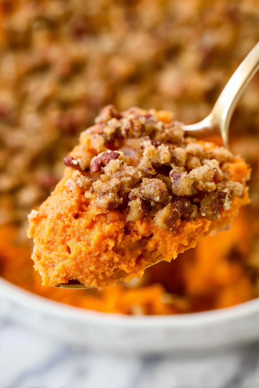 Vegan Sweet Potato Casserole with Pecan Topping, vegan sweet potato casserole, plant-based sweet potato bake, vegan holiday casserole, dairy-free sweet potato dish - A close-up view of a spoon holding a portion of thick orange sweet potato mash topped with a crumbly brown pecan streusel. The sweet potato layer looks smooth with a soft texture, while the streusel on top is rough with small pecan pieces giving it a crunchy appearance. The background shows more of the sweet potato dish in a white bowl set on a white marbled surface, creating a warm and inviting look. photo taken with an iphone --ar 2:3 --v 7