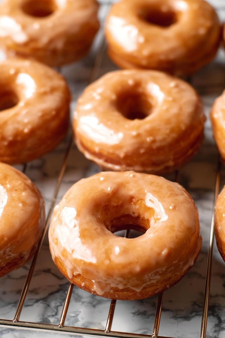 Vegan Pumpkin Donuts with Cinnamon Maple Glaze, vegan pumpkin donut recipe, fall vegan donuts, pumpkin spice donuts, plant-based pumpkin treats - The image shows a group of eight round donuts with a hole in the middle, all covered in a light brown glaze that looks smooth and shiny with a slightly textured surface. The donuts are placed on a metal cooling rack that has silver, straight bars running horizontally and vertically. The background features a white marbled texture. The lighting highlights the glossy glaze on the donuts, and the focus is sharp, showing the small details of the surface of the glaze and the soft texture of the donuts. photo taken with an iphone --ar 2:3 --v 7