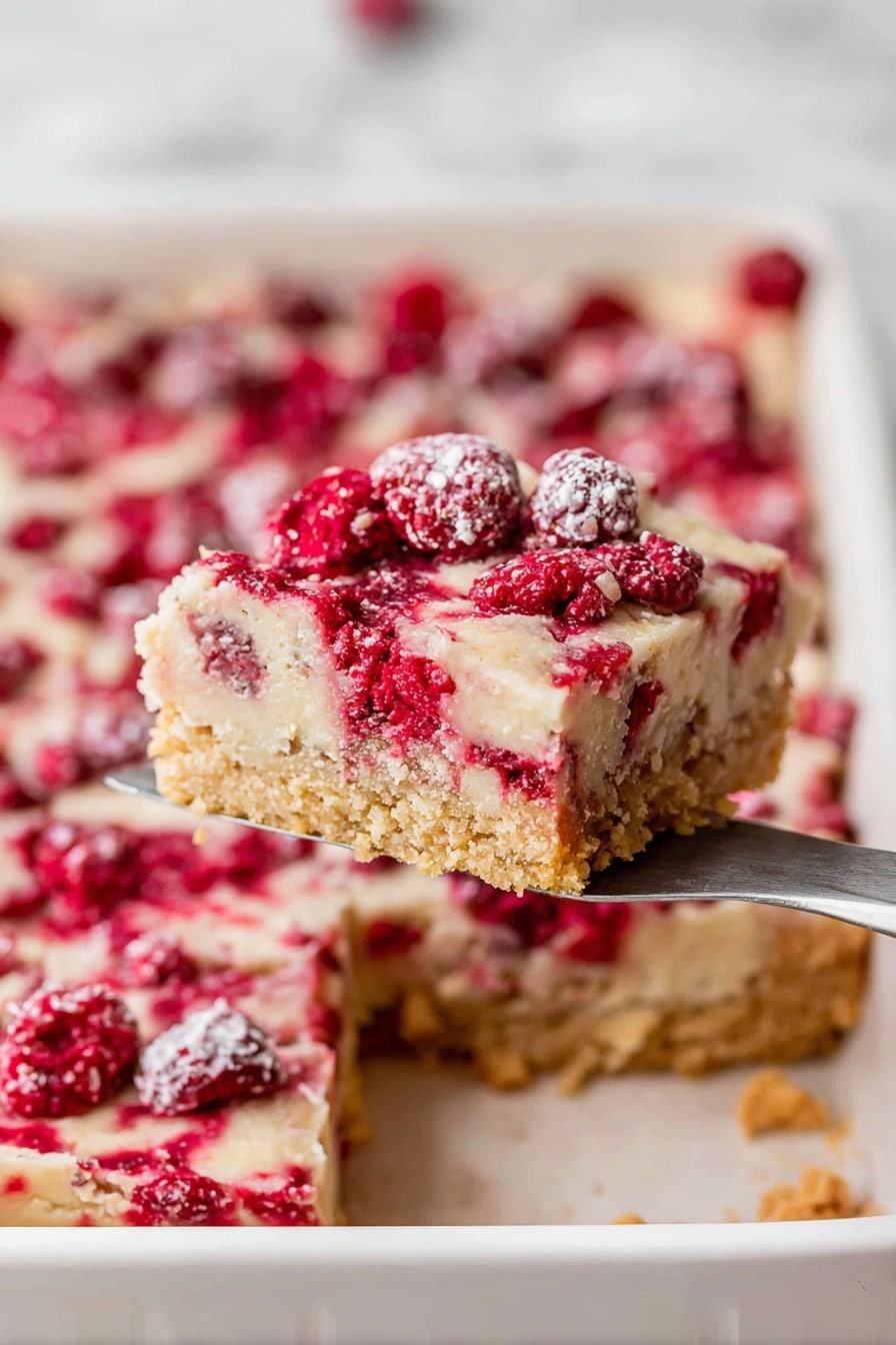 Cranberry Christmas Cake, holiday cranberry cake recipe, festive Christmas cake, easy cranberry dessert, moist holiday cake - A square piece of dessert with three clear layers is being lifted by a spatula. The bottom layer is a golden, crumbly crust with a slightly rough texture. The middle layer is smooth and pale beige, forming a solid base. The top layer is a mix of bright red berries scattered inside a light, creamy topping that has a soft, slightly uneven texture with small bubbles and a dusting of sugar crystals. The dessert sits in a white baking pan, and the background shows the rest of the dessert still inside the pan, all placed on a white marbled surface. photo taken with an iphone --ar 2:3 --v 7