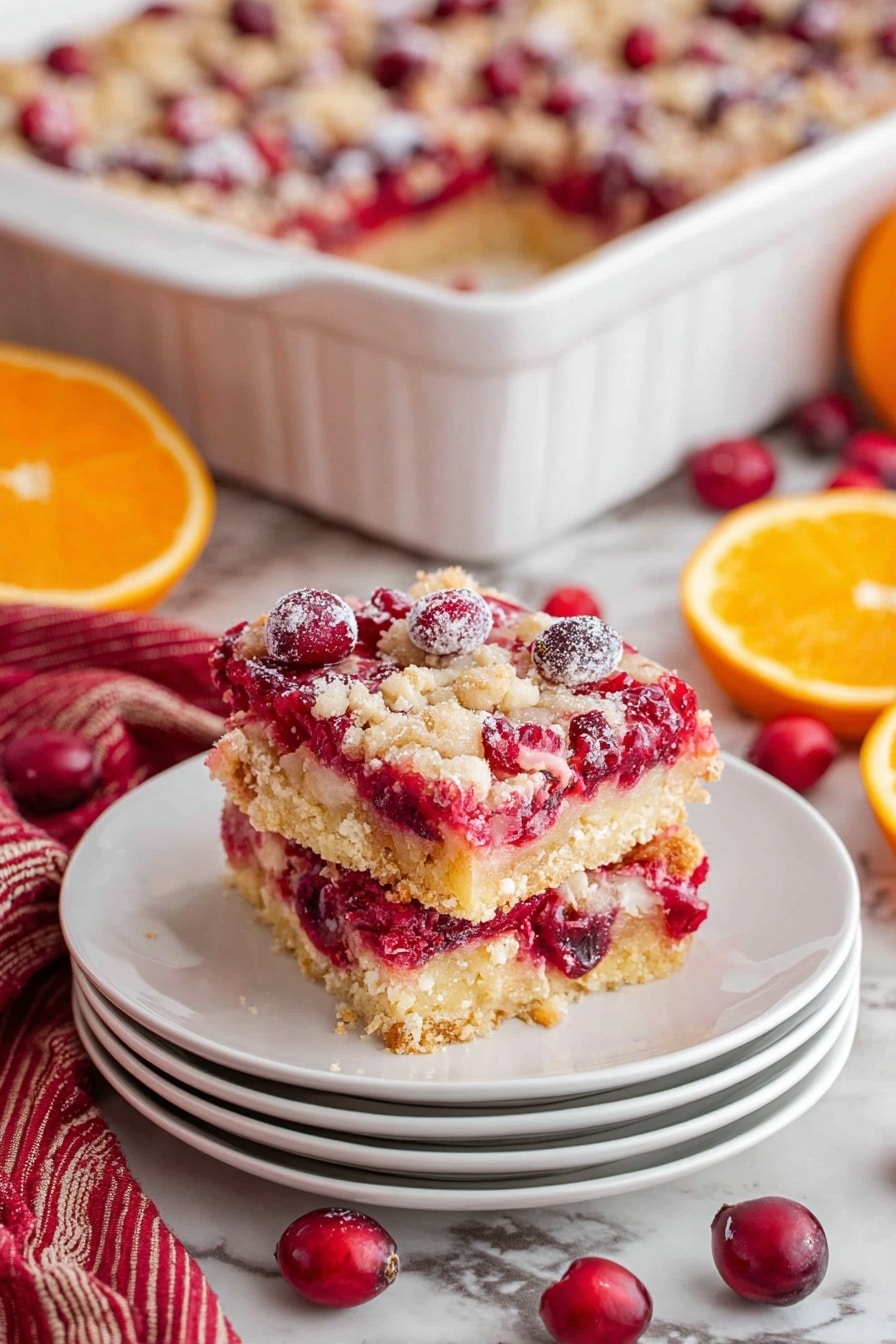 Cranberry Christmas Cake, holiday cranberry cake recipe, festive Christmas cake, easy cranberry dessert, moist holiday cake - A square piece of cranberry dessert bar sits on top of a stack of four white plates. The dessert bar has three visible layers: a golden crumbly base, a bright red layer with whole cranberries, and a light creamy topping scattered unevenly with more cranberries. In the background, a larger white baking dish holds the rest of the dessert bar with the same layered pattern. The setup is on a white marbled surface with scattered cranberries, orange slices, and a red striped cloth partially visible. Photo taken with an iphone --ar 2:3 --v 7