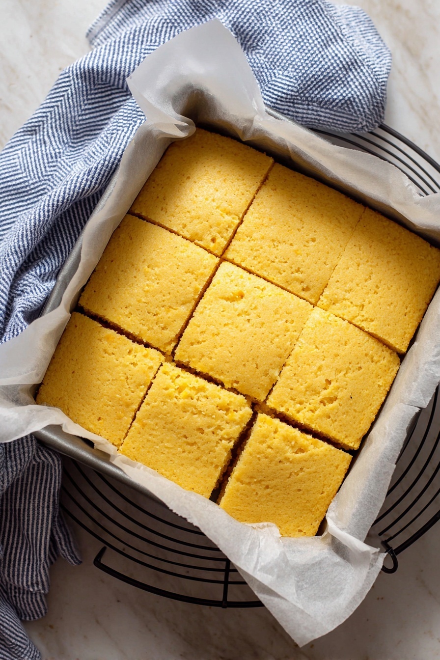 Vegan Cornbread, Vegan Cornbread Recipe, Plant-Based Cornbread, Moist Vegan Cornbread, Easy Vegan Cornbread - A square pan lined with white parchment paper holds freshly baked, golden-yellow cornbread that is cut into nine even squares. The surface of the cornbread has a soft, slightly cracked texture showing its moist inside. Around the pan, a blue and white striped cloth lies on a white marbled surface with a round, black cooling rack under the pan edges. The cornbread edges are neat and light brown, showing a well-baked soft treat. Photo taken with an iphone --ar 2:3 --v 7