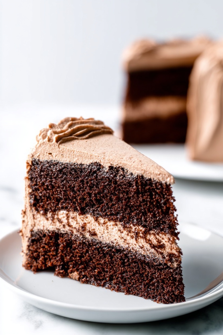 Gluten Free Vegan Chocolate Cake, gluten free vegan dessert, vegan chocolate cake, gluten free chocolate cake recipe, vegan cake without gluten - A slice of chocolate cake with two thick, dark brown chocolate sponge layers separated by a smooth, light brown chocolate frosting layer, all covered with the same light brown frosting that is creamy and lightly textured on the sides. The cake slice sits on a white plate placed on a white marbled surface. In the background, a blurred out of focus slice of the same cake is visible. Photo taken with an iphone --ar 2:3 --v 7