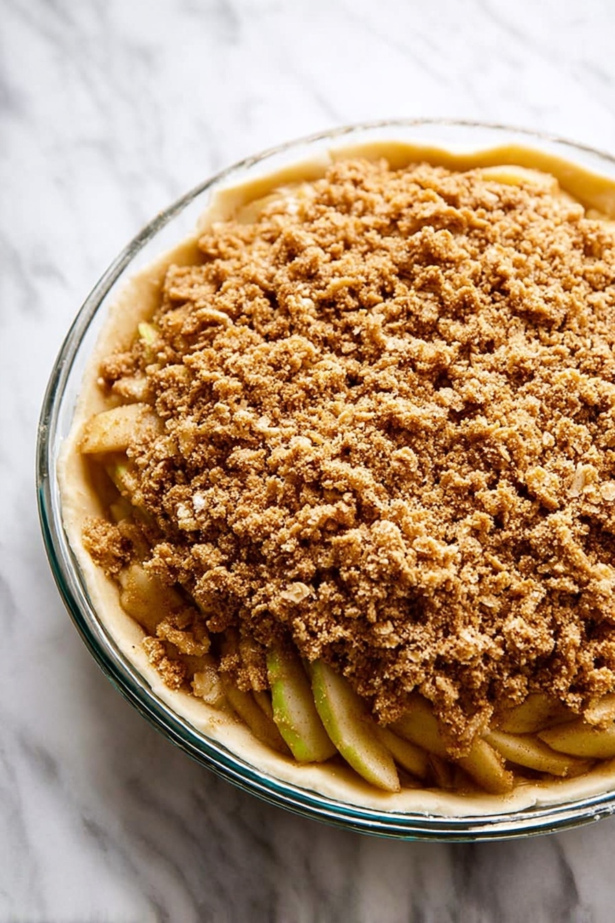 Gluten Free Vegan Apple Crumble Pie, vegan apple dessert, gluten-free apple pie, vegan crumble dessert, healthy apple pie recipe - A clear glass pie dish holds a layered apple crumble pie. The bottom layer is a pale, smooth pie crust that rises slightly up the sides. Above the crust is a thick layer of sliced apples, visible in a light pale yellow with hints of green from the skins. The top layer is a rough, crumbly oat and brown sugar mixture covering the apples fully. The dish sits on a white marbled surface. Photo taken with an iphone --ar 2:3 --v 7