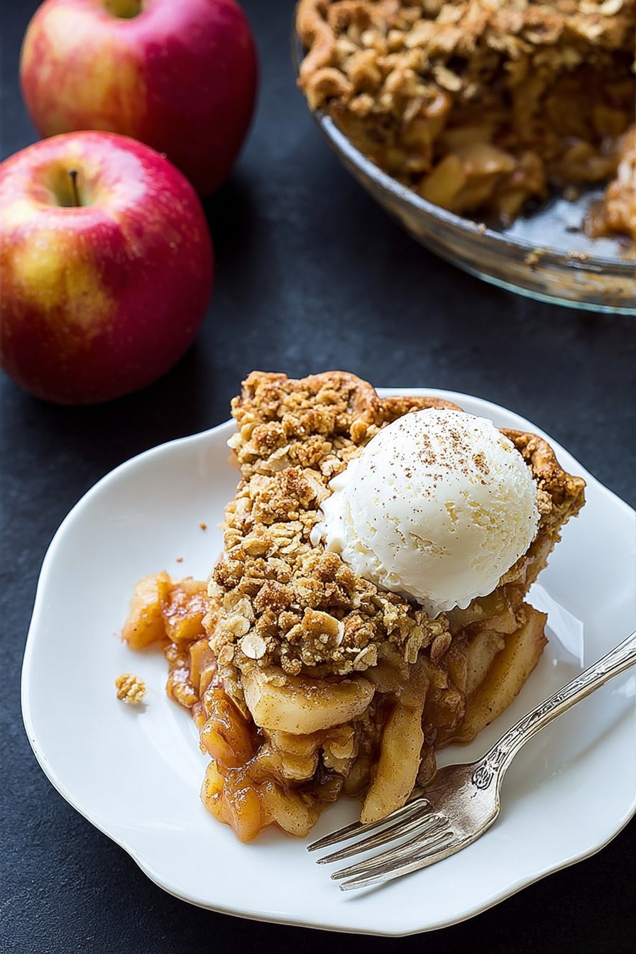 Gluten Free Vegan Apple Crumble Pie, vegan apple dessert, gluten-free apple pie, vegan crumble dessert, healthy apple pie recipe - A slice of apple crumble pie sits on a white plate with a slightly scalloped edge. The pie has three layers: a golden-brown crust on the bottom, a chunky layer of cooked apple pieces with a warm orange tone in the middle, and a crumbly oat and brown sugar topping that is rough in texture and light brown in color. On top of the pie slice, there is a scoop of creamy vanilla ice cream melting slightly, with small brown specks sprinkled over it. A silver fork lies on the right side of the plate, resting on the edge. Nearby, two whole red apples with a slight yellowish tint and a round glass dish holding more apple crumble pie are placed on a dark surface. photo taken with an iphone --ar 2:3 --v 7