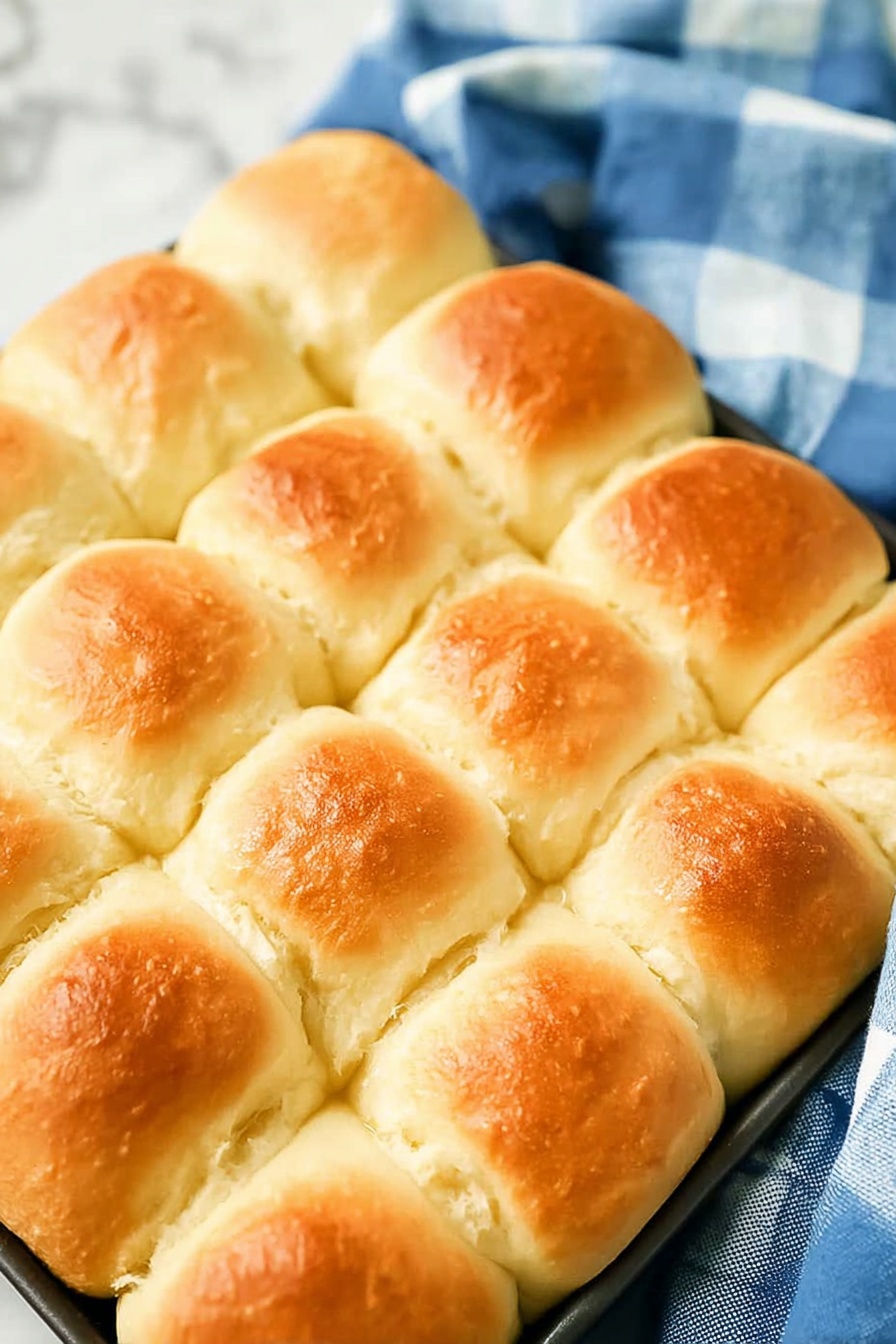 Vegan Dinner Rolls, vegan bread rolls, fluffy plant-based dinner rolls, homemade vegan buns, easy vegan bread - This image shows a close-up of soft dinner rolls piled together. Each roll has a golden brown top that looks shiny and smooth. The sides are light and fluffy with a pale cream color. The texture appears soft and airy, and the rolls seem to be touching each other closely, creating a cozy stack. The background is a white marbled texture. photo taken with an iphone --ar 2:3 --v 7