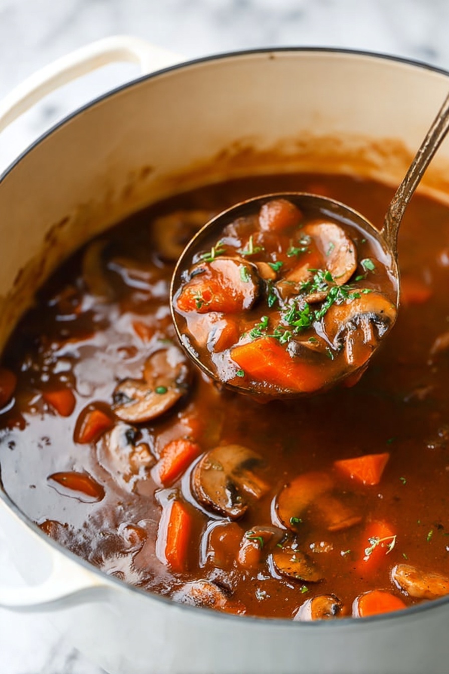 Mushroom Bourguignon, vegetarian mushroom stew, plant-based Bourguignon, French mushroom stew, hearty mushroom dinner - The image shows a white pot filled with a rich brown stew with visible slices of mushrooms and thick orange carrot pieces, all floating in a glossy, thick broth. A metal ladle is dipping into the stew, lifting some of the stew that highlights the mushrooms, carrots, and small bits of herbs sprinkled on top. The stew looks warm and thick with a mix of soft vegetable textures. The background is a white marbled texture. Photo taken with an iphone --ar 2:3 --v 7