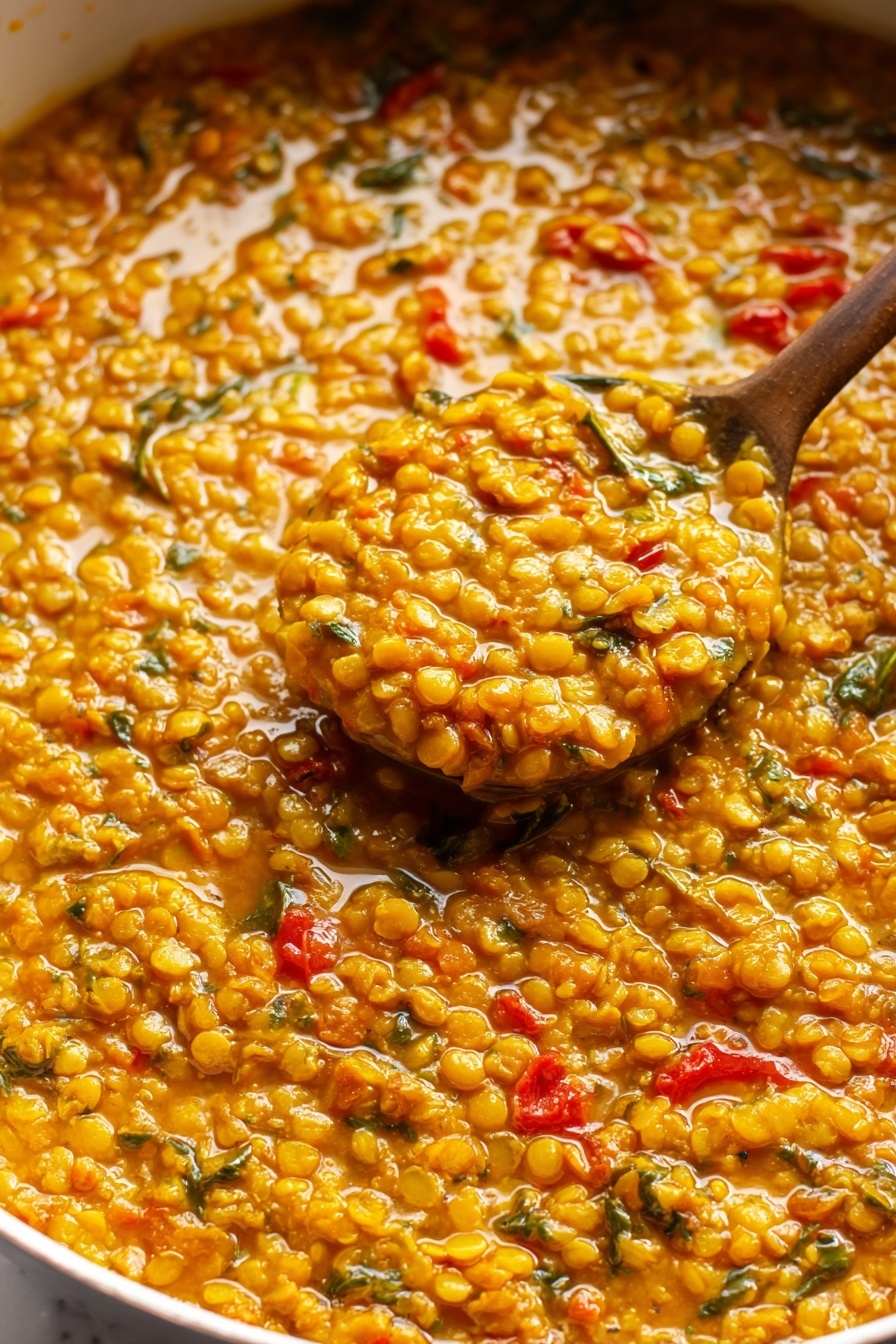 Red Lentil Dahl, quick and easy lentil dahl, healthy vegetarian dinner, comforting weeknight meal, flavorful vegan lentil dish - A close-up view of a rich, thick lentil stew inside a white pan, showing a dense, creamy texture with visible small yellow lentils mixed with bits of green herbs and pieces of red bell pepper scattered throughout. The stew has a shiny, slightly oily surface, hinting it is freshly cooked with a mix of smooth and chunky parts. A spoon is partially dipped into the stew, lifting a generous scoop, highlighting the thick consistency and hearty mixture of ingredients, all set against a white marbled surface. photo taken with an iphone --ar 2:3 --v 7