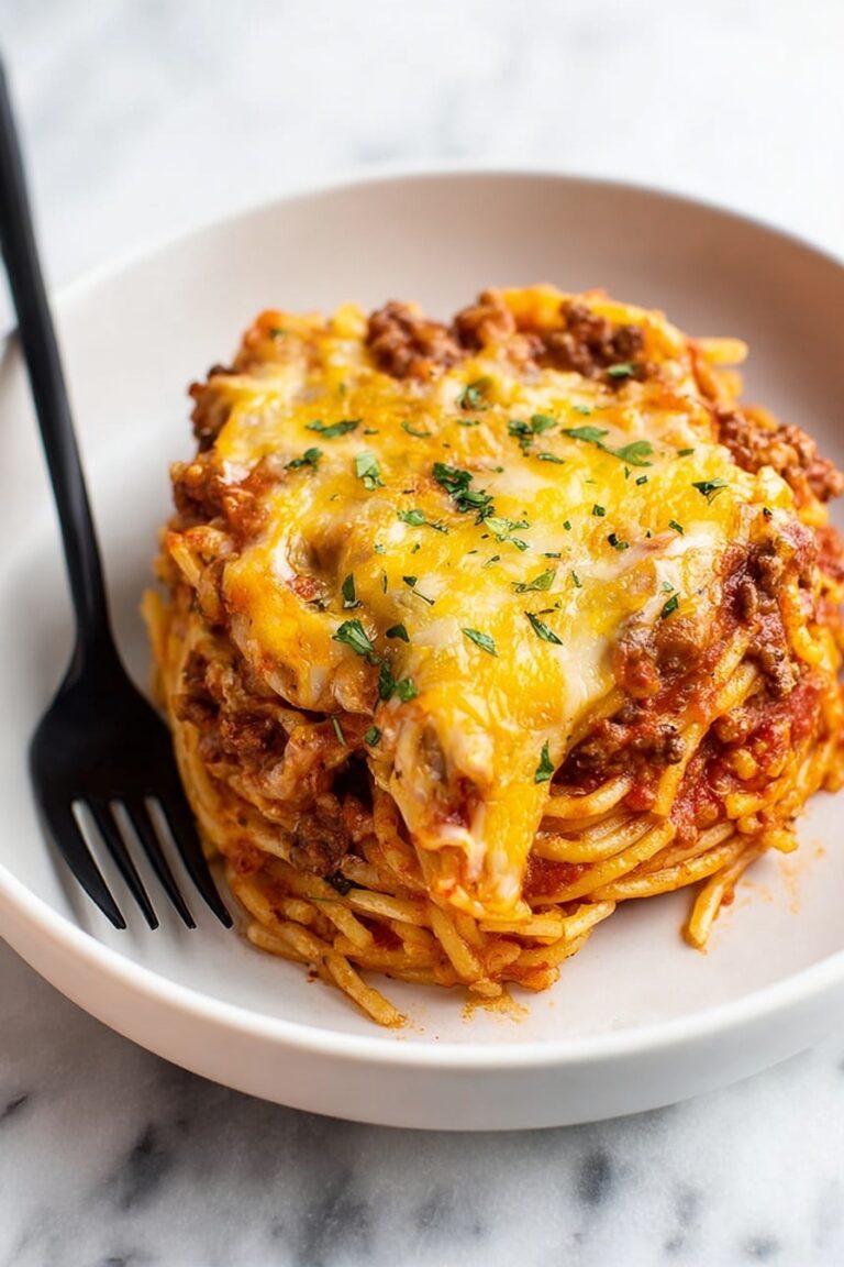Easy Baked Spaghetti with Ground Beef and Cheesy Topping Recipe