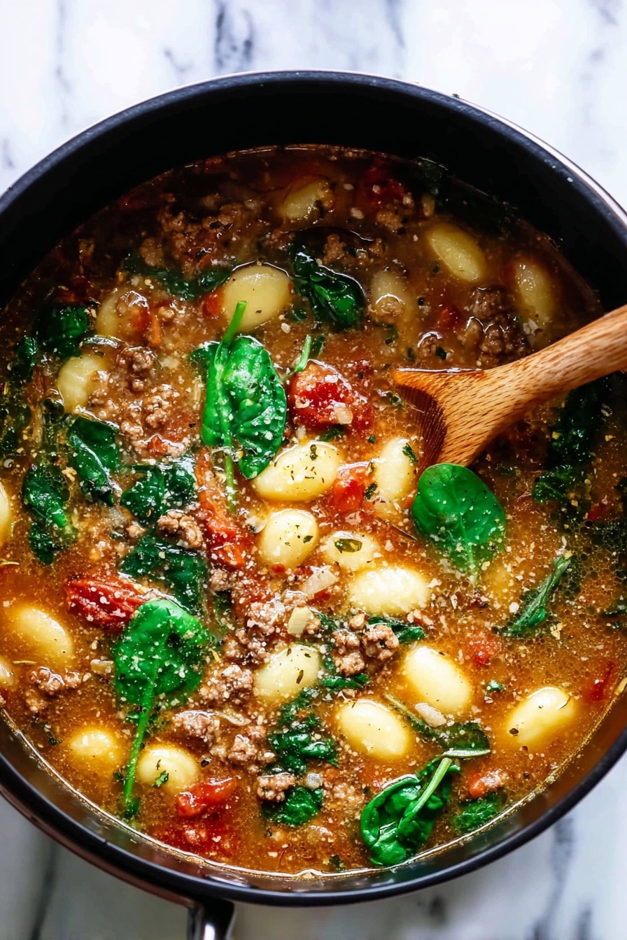 Sausage and Gnocchi Soup, hearty sausage gnocchi soup, easy sausage soup recipes, quick Italian sausage soup, comforting gnocchi recipes - A black pot sits on a white marbled surface, filled with a warm soup that has several layers of ingredients. The base layer is a clear to light brown broth with herbs and spices floating throughout. Inside the soup, there are small gnocchi-like dumplings in pale yellow, chunks of red tomatoes, pieces of cooked ground meat in brown, and fresh bright green spinach leaves floating on top. A wooden spoon with a smooth texture is immersed in the pot, stirring the soup gently. The colors are vivid and the soup looks fresh and hearty. photo taken with an iphone --ar 2:3 --v 7