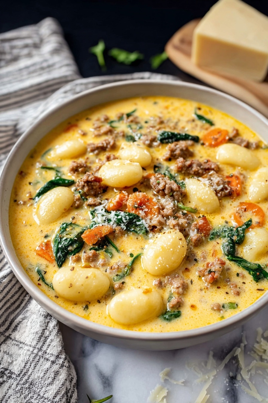Creamy Italian Sausage Gnocchi Soup, Italian Sausage Soup, Gnocchi Soup Idea, Cozy Soup Recipes, Hearty Italian Soup - The image shows a white bowl filled with a creamy soup featuring three main layers: a thick yellow-orange broth base, small pieces of cooked sausage scattered throughout, and soft gnocchi floating on top. Bright green spinach leaves and small bits of orange carrot are mixed into the soup, adding color contrast. The soup is sprinkled with shredded cheese and some black pepper. The bowl sits on a white marbled surface, with a piece of grated cheese and a cheese grater blurred in the background. Photo taken with an iphone --ar 2:3 --v 7