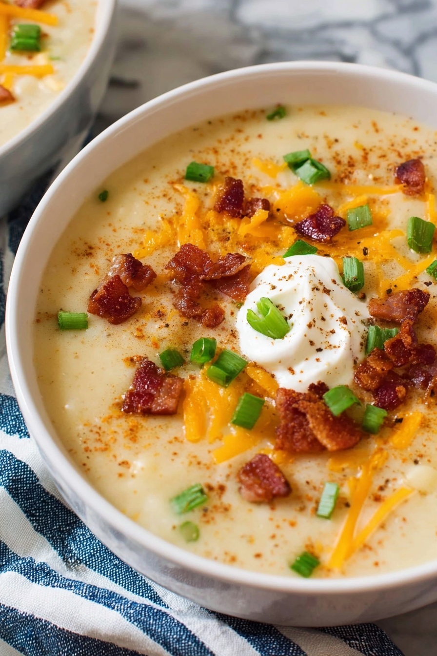 The Ultimate Potato Soup, creamy potato soup recipe, hearty potato soup, bacon potato soup, comforting potato soup - A close-up of a white bowl filled with thick, creamy potato soup as the base layer, light beige in color with a smooth, slightly lumpy texture. On top, there are scattered pieces of bright orange shredded cheddar cheese, crispy bacon bits in reddish-brown color, small chunks of green chopped scallions, and a swirl of white sour cream. The soup surface is sprinkled with a dusting of light brown paprika, giving it a slight textured look. The bowl sits on a blue and white striped cloth with a white marbled background. Photo taken with an iphone --ar 2:3 --v 7