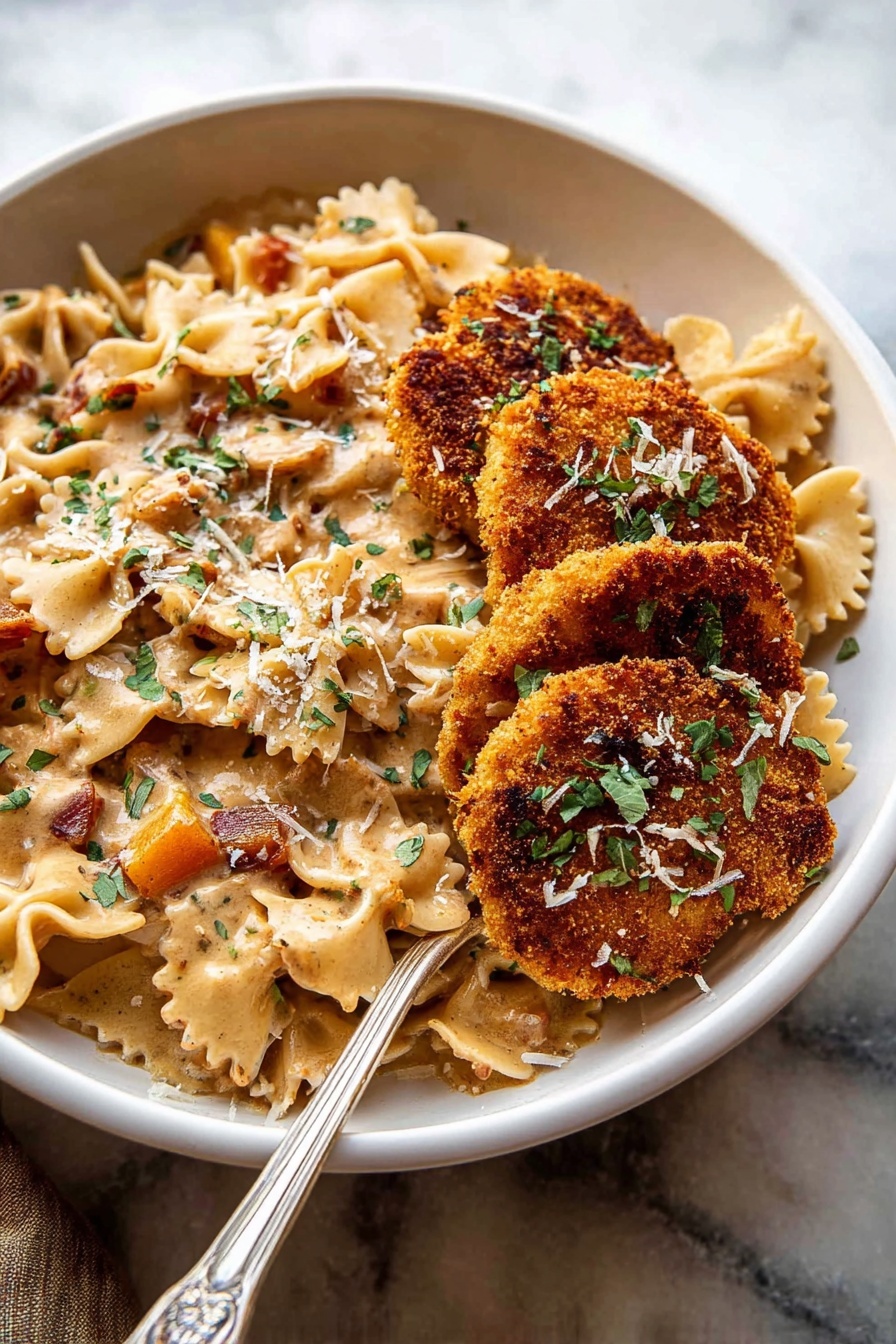 Southern Style Creamy Parmesan Chicken Pasta, creamy parmesan chicken pasta, Cajun chicken pasta, easy Southern chicken pasta, cheesy chicken pasta recipe - A white bowl sits on a white marbled surface filled with creamy pasta and crispy fried cutlets on top. The pasta includes farfalle shapes tossed in a thick beige sauce with visible small cubes of orange vegetables and bits of bacon. Three golden brown, crunchy cutlets are layered on the right side, sprinkled with finely chopped green herbs and a light dusting of grated cheese. A silver fork rests inside the bowl on the left side against the pasta. The colors include creamy beige, orange, golden brown, and green, creating a warm, inviting look. Photo taken with an iphone --ar 2:3 --v 7