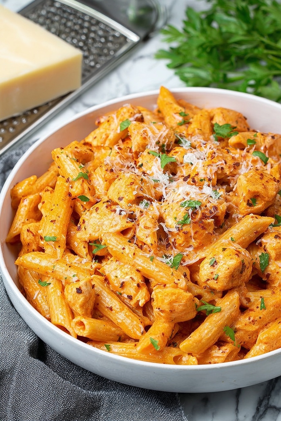 Chicken Parmesan Pasta, easy chicken pasta dinner, cheesy Italian pasta, quick weeknight chicken recipe, one-pot chicken pasta - A white shallow round bowl is filled with one layer of penne pasta mixed with bite-sized pieces of light brown chicken, all coated in a creamy orange sauce. Green parsley leaves are scattered on top along with small sprinkles of grated white cheese. The bowl sits on a white marbled surface with a metal grater and a block of cheese blurred in the background. photo taken with an iphone --ar 2:3 --v 7