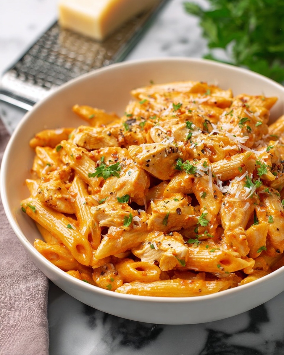 Chicken Parmesan Pasta, easy chicken pasta dinner, cheesy Italian pasta, quick weeknight chicken recipe, one-pot chicken pasta - The image shows a white bowl filled with creamy orange pasta with short tube shapes mixed with small chunks of chicken, both coated in a smooth, rich sauce. The dish is sprinkled with small bits of green herbs and tiny white shreds of cheese on top, adding color contrast and texture. The bowl is placed on a white marbled surface with some raw tube-shaped pasta scattered around it, and a metal grater with a beige handle is slightly visible in the background. The lighting highlights the creamy texture of the sauce and makes the herbs look fresh.photo taken with an iphone --ar 2:3 --v 7