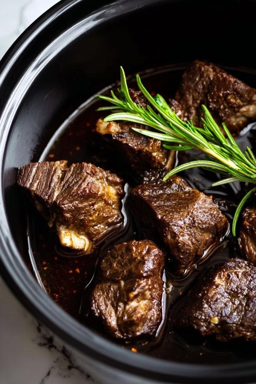 Slow Cooker Beef Short Ribs, beef short ribs dinner ideas, tender beef ribs, easy slow cooker recipes, fall-off-the-bone beef ribs - The image shows several dark brown, cooked beef chunks with seared edges sitting in a black pot filled with a thin layer of dark broth. A fresh green rosemary sprig lays on top of the beef pieces, adding a touch of color and freshness. The beef looks tender with some fat visible on the edges, and the pot's interior is shiny and black, contrasting with the rich brown meat. The background is a white marbled texture. photo taken with an iphone --ar 2:3 --v 7