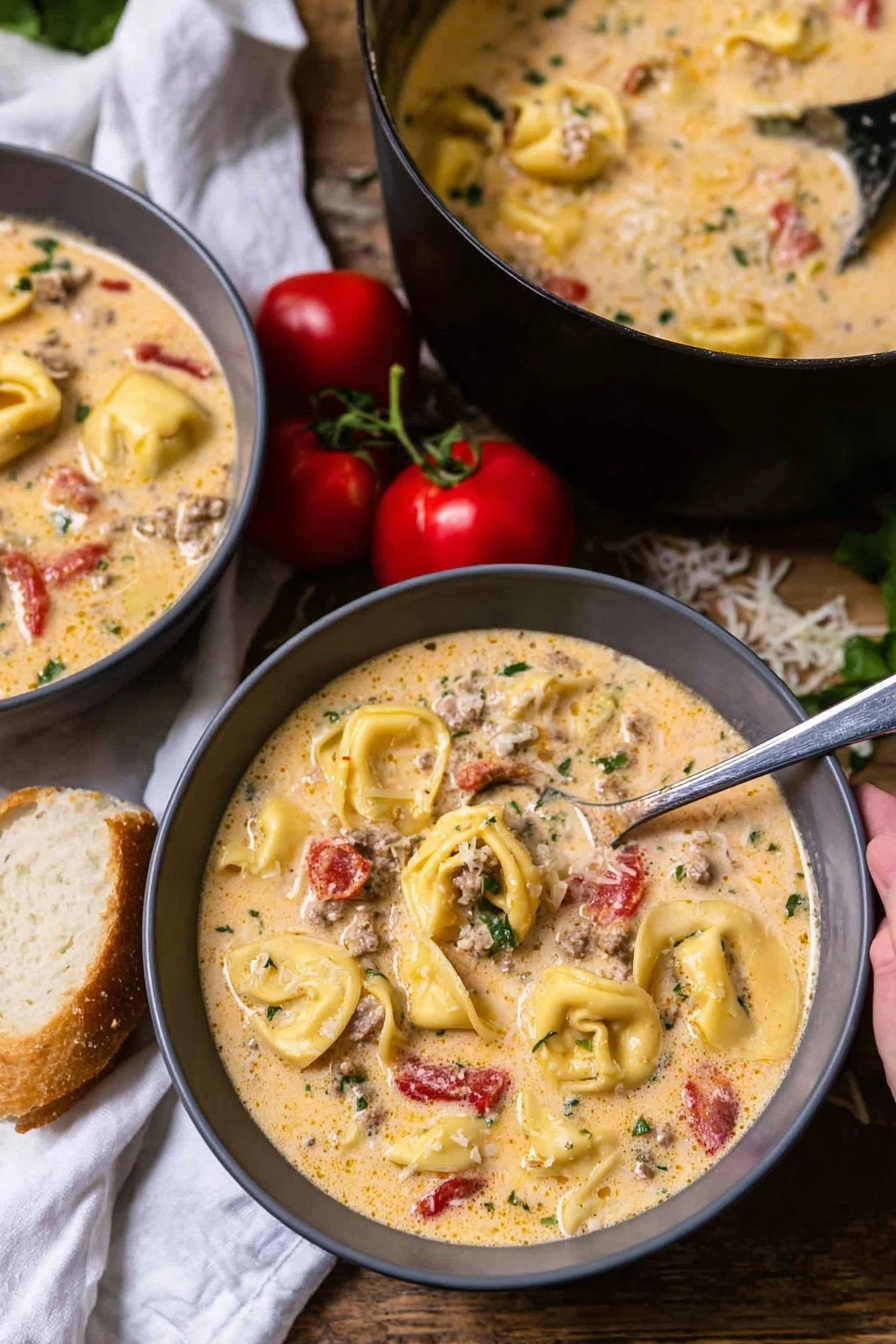 Sausage Tortellini Soup, easy sausage tortellini soup, creamy sausage tortellini soup, hearty sausage pasta soup, quick weeknight dinner soup - A creamy soup filled with yellow tortellini, small pieces of red tomatoes, green herbs, and bits of ground meat sits in two dark gray bowls on a wooden table. One bowl has a woman's hand holding a spoon resting in it, showing the thick texture of the soup. A large black pot with more soup and tortellini is partly visible in the background, near a white cloth and two fresh red tomatoes on the vine. A piece of crusty bread is next to the front bowl. The surface underneath everything is a white marbled texture. Photo taken with an iphone --ar 2:3 --v 7