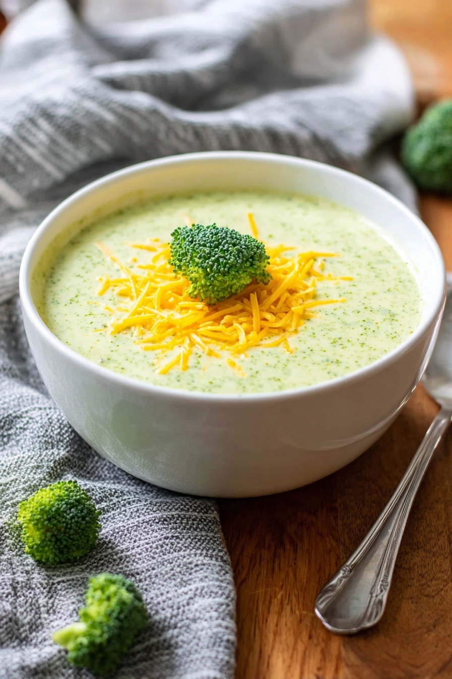 Cream of Broccoli Soup, Broccoli Soup Recipe, Easy Broccoli Soup, Healthy Creamy Soup, Vegetarian Broccoli Soup - A white bowl holds creamy light green broccoli soup, topped with a small pile of bright yellow shredded cheddar cheese and a single small green broccoli floret on top. The bowl is set on a wooden surface, with a few small broccoli florets beside it. A silver spoon rests to the right of the bowl, and a loosely folded gray and white striped cloth is visible in the background. The scene is warm and inviting, with soft natural light. photo taken with an iphone --ar 2:3 --v 7