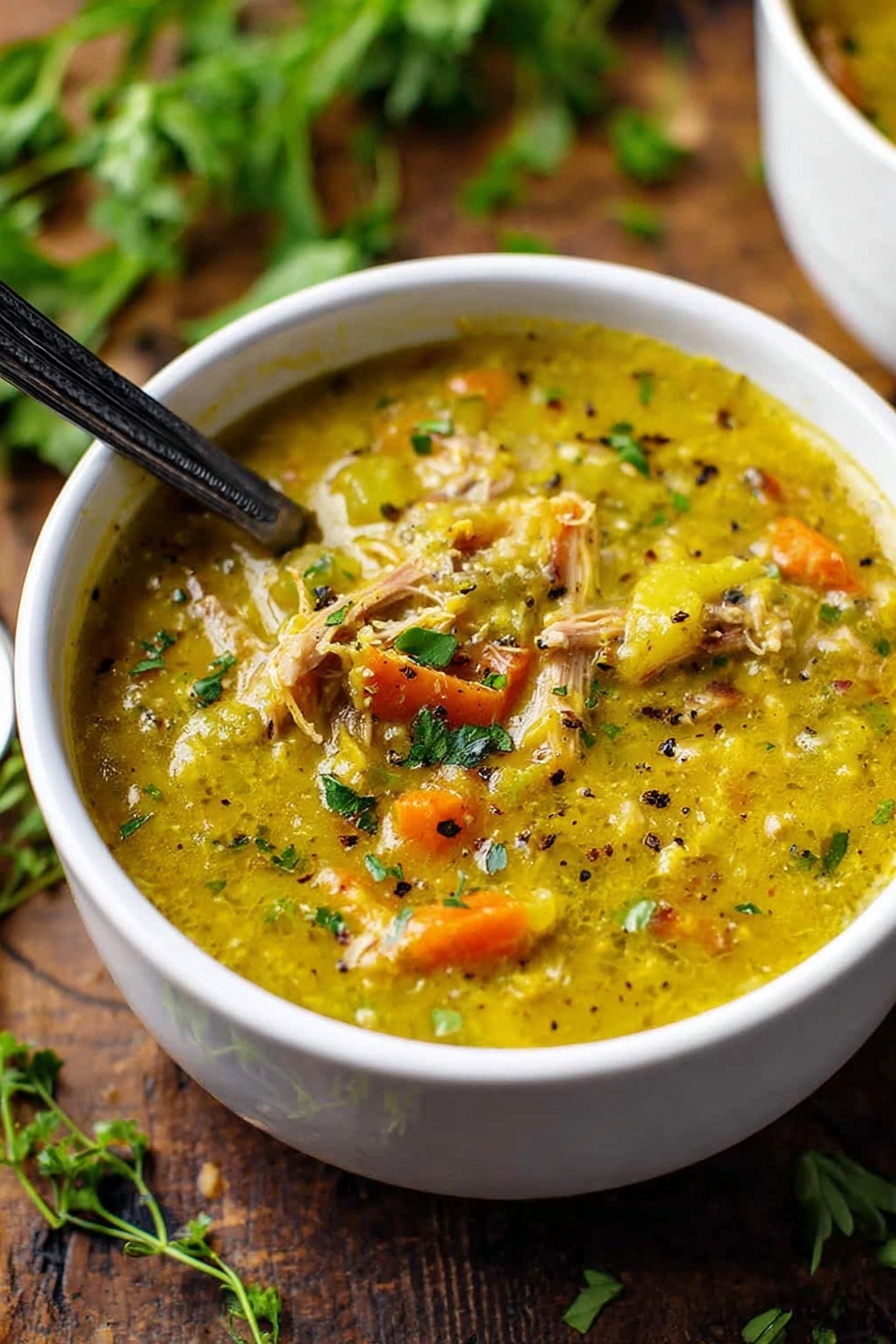 Split Pea Soup with Ham, hearty split pea soup, ham and pea soup, comforting soup recipes, easy ham and pea soup - A white bowl filled with thick, yellowish-green soup that has a chunky texture. Inside the soup, there are visible pieces of orange carrots and light brown shredded meat, topped with small green herb bits and black pepper specks. A dark spoon is partly dipped into the soup, resting inside the bowl. The bowl sits on a wooden surface with sprigs of fresh green herbs scattered around. Photo taken with an iphone --ar 2:3 --v 7