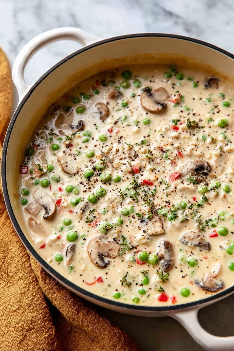 Classic Chicken a la King, Chicken a la King, creamy chicken dish, comforting chicken recipe, mushroom chicken dinner - A wooden spoon lifts a creamy soup filled with visible layers of texture and color: soft white sauce mixed with small green peas, bright red bell pepper pieces, and slices of brown mushrooms. Fresh green herbs are sprinkled on top, and ground black pepper is scattered over the surface, adding texture and dark specks. The dish is held over a white marbled surface, showing more of the creamy soup below with the same mix of vegetables and sauce, creating a rich, hearty look. photo taken with an iphone --ar 2:3 --v 7