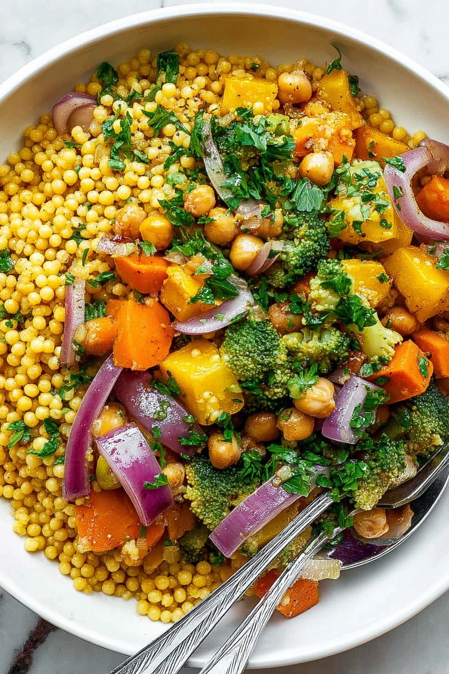Roasted Pumpkin Couscous Salad, Vegetable and Cranberry Salad, Fall Vegetable Salad Recipe, Healthy Pumpkin Salad, Easy Couscous Salad - A white bowl filled with a colorful couscous salad that has three main layers. The base layer is small, round, yellow couscous pearls that cover most of the surface. Mixed within this are soft, orange carrot slices, chickpeas, and light green broccoli pieces. The top layer has fresh chopped green parsley leaves sprinkled all over. There are also chunks of cooked yellow squash and purple onion wedges spread evenly throughout. Two silver forks rest at the bottom left inside the bowl. The bowl is set on a white marbled surface. photo taken with an iphone --ar 2:3 --v 7