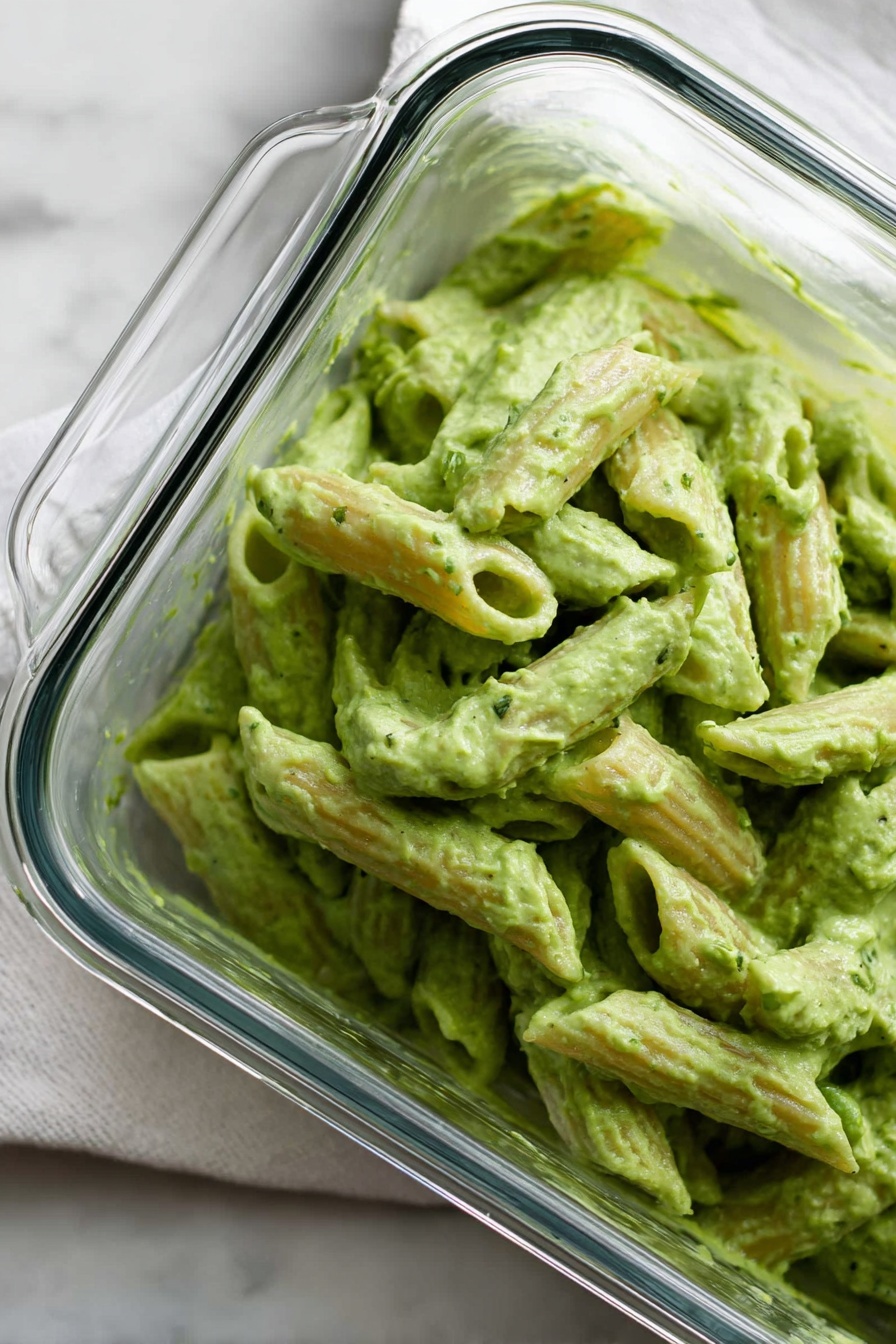 Green Pea Pasta with Basil and Silken Tofu, healthy green pea pasta recipe, vegan pasta with tofu, easy plant-based pasta dish, quick vegetarian pasta dinner - The image shows a clear glass square dish filled with penne pasta coated in a thick, green sauce. The pasta pieces are close together, each covered evenly with the creamy, bright green sauce that has a smooth texture with some small bits visible. The dish is placed on a surface with a white marbled texture and there is a white cloth next to it. The edge of a transparent dish lid is slightly visible at the top left corner. photo taken with an iphone --ar 2:3 --v 7