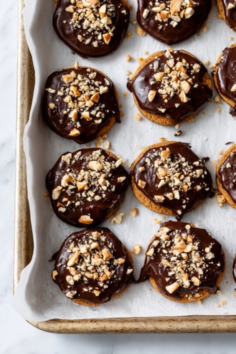 Peanut Butter Cracker Sandwiches Dipped in Vegan Chocolate, vegan chocolate cracker snacks, easy vegan dessert recipes, quick vegan sweet treats, healthy vegan snacks - The image shows a tray lined with white parchment paper filled with round cookies topped with thick, smooth dark chocolate frosting and sprinkled generously with chopped light brown nuts. The cookies have a soft brown color underneath the chocolate layer. Each cookie is round and slightly uneven at the edges, and the chocolate topping covers the entire top surface, dripping slightly over the sides. The nuts add a rough, crunchy texture contrast to the smooth chocolate, and the tray sits on a white marbled surface. Photo taken with an iphone --ar 2:3 --v 7
