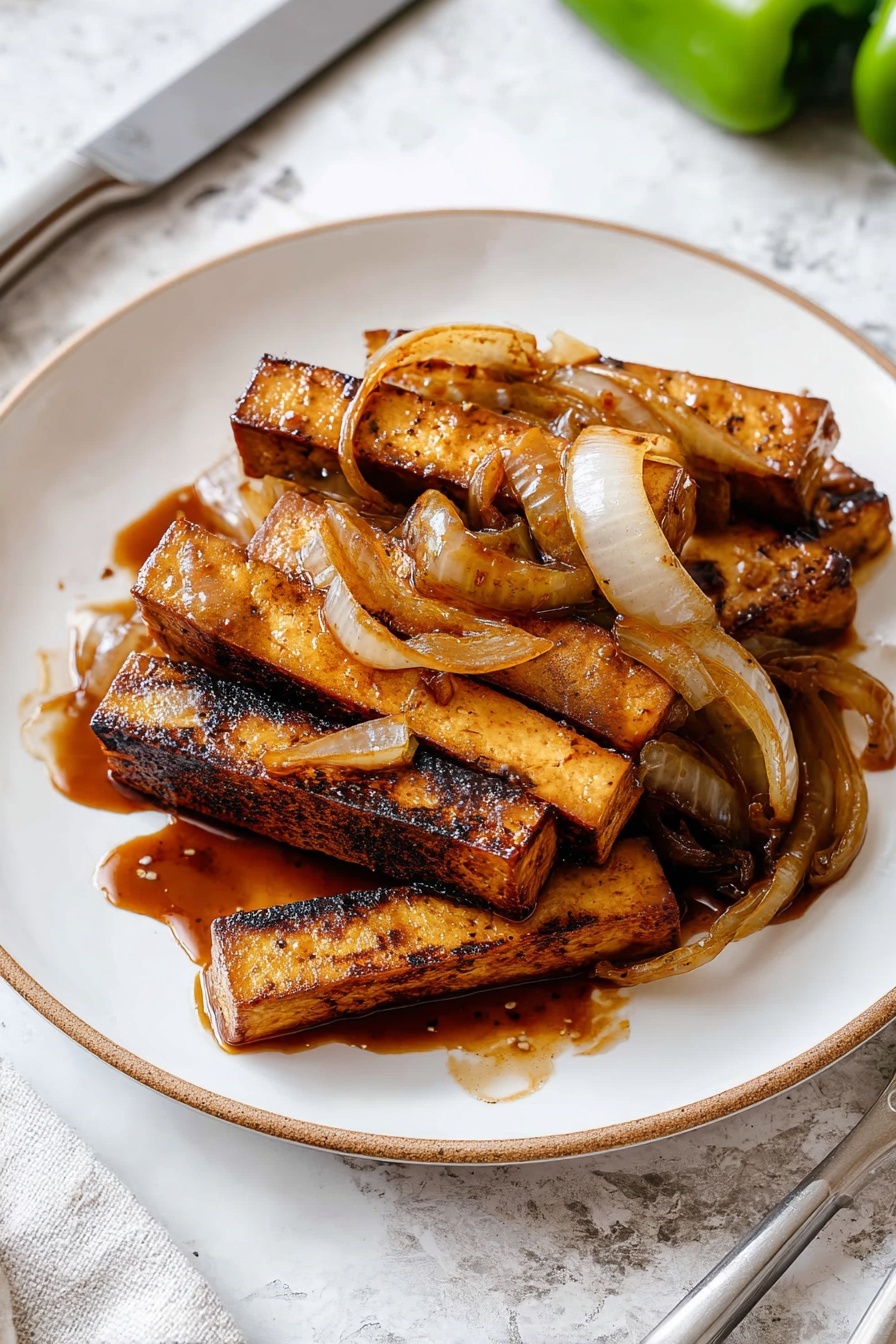 Sautéed Lime Tofu, lime tofu stir-fry, crispy tofu with lime, tangy tofu recipe, easy tofu stir-fry - The dish shows thick rectangle pieces of grilled tofu stacked in a slight pile on a white plate, each piece having a brown grilled surface with darker char marks. Scattered among and on top of the tofu pieces are caramelized, translucent onion slices in light brown and pale white colors. The tofu and onions are coated in a shiny, reddish-brown sauce that drips slightly onto the plate. The plate sits on a white marbled textured surface with a silver knife and fork placed next to it, and two green bell peppers are partially visible on the upper right side. photo taken with an iphone --ar 2:3 --v 7