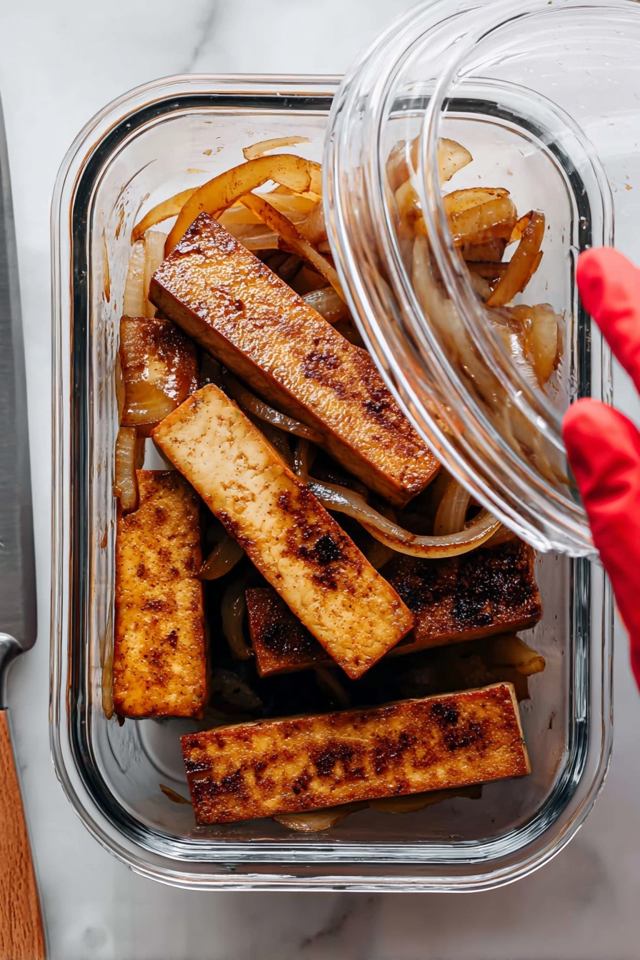 Sautéed Lime Tofu, lime tofu stir-fry, crispy tofu with lime, tangy tofu recipe, easy tofu stir-fry - The image shows a clear glass container holding several thick rectangular pieces of cooked tofu that are brown and have a slightly charred texture on some edges. Mixed among the tofu pieces are translucent sautéed onion slices that are light brown and curled. The container is placed on a white marbled surface, and a woman's hand with a red-gloved fingertip is lifting the clear lid. To the left, a silver knife rests on the surface partially visible. photo taken with an iphone --ar 2:3 --v 7