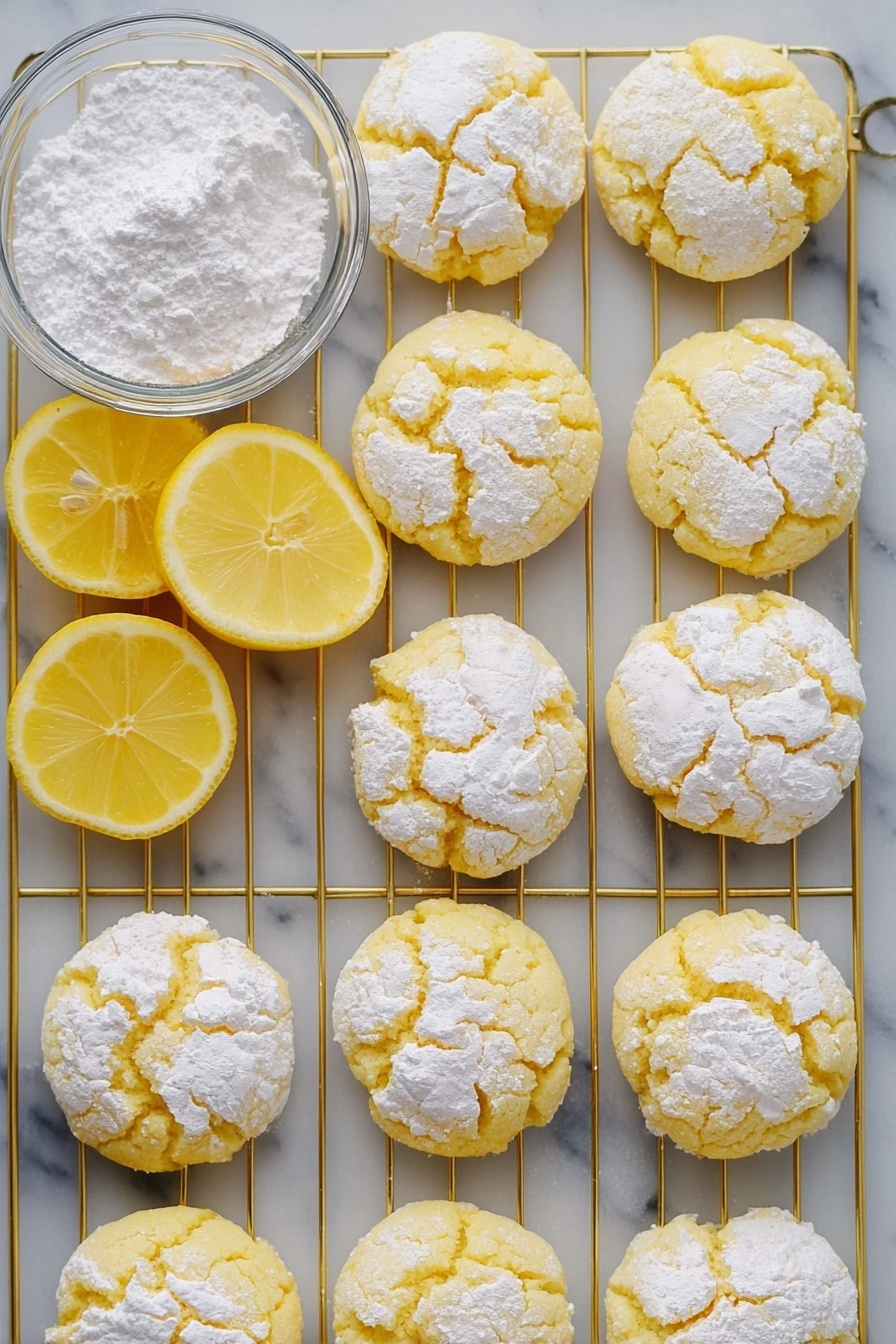 Lemon Crinkle Cookies, Lemon Cookies, Citrus Cookies, Easy Lemon Cookies, Soft Lemon Cookies - A top view of twelve yellow lemon cookies with cracks on top, each dusted with white powdered sugar, arranged neatly on a gold cooling rack placed over a white marbled surface. Three lemon halves with bright yellow peel and juicy pale yellow interior are placed in between the cookies. A clear glass bowl filled with white powdered sugar is seen at the top left corner. The cookies have a soft, cracked texture with powdered sugar filling the cracks. Photo taken with an iphone --ar 2:3 --v 7