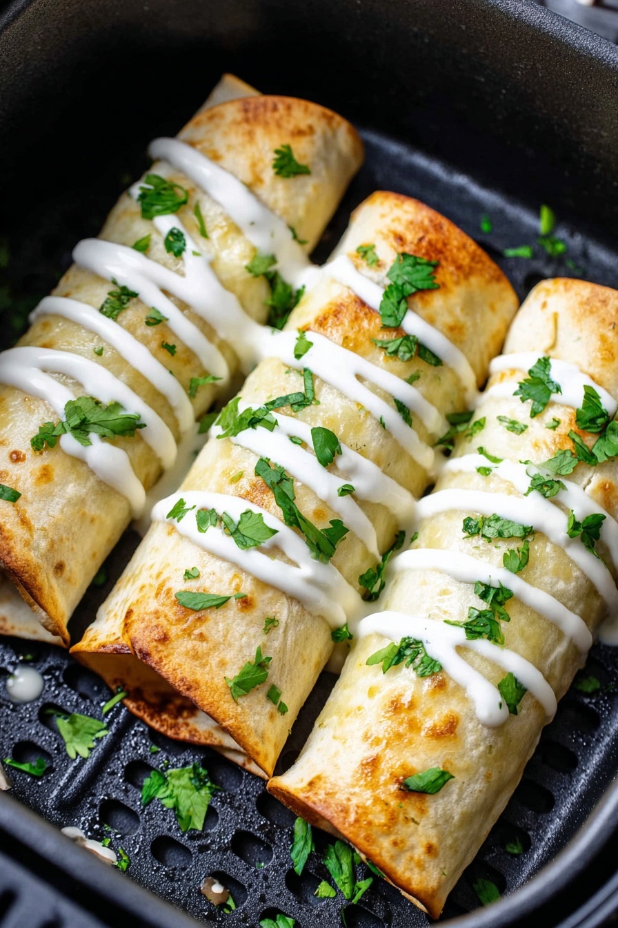 Air Fryer Chimichangas, crispy chimichangas, quick air fryer recipes, cheesy chimichangas, healthy Mexican appetizers - Three golden-brown rolled burritos are placed close together inside a black air fryer basket with small holes. Each burrito is drizzled with smooth white sauce in a zigzag pattern on top. Bright green chopped cilantro leaves are sprinkled over the burritos and scattered around them in the basket. The texture of the burritos is soft with slight browning spots, and the background shows the black perforated surface of the basket. photo taken with an iphone --ar 2:3 --v 7