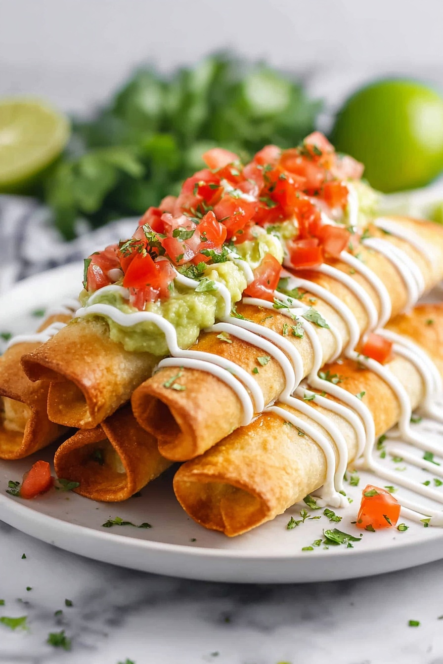 Air Fryer Chimichangas, crispy chimichangas, quick air fryer recipes, cheesy chimichangas, healthy Mexican appetizers - On a white plate on a white marbled surface, there are four golden brown rolled tacos stacked slightly on each other. Each taco is topped with a green guacamole layer that has a smooth texture and chopped red tomatoes sprinkled on it. Thin lines of white sour cream sauce run across the tacos vertically. Small green herb pieces are scattered on top and around the plate, adding a fresh touch. The background shows a blurred green lime and leafy greens. photo taken with an iphone --ar 2:3 --v 7
