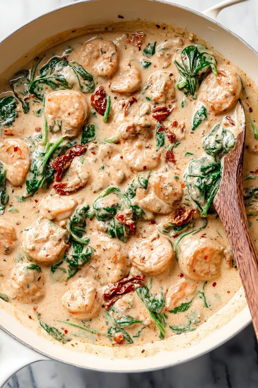 Creamy Tuscan Garlic Shrimp, Creamy Tuscan Shrimp recipe, garlic shrimp dinner, quick shrimp pasta, easy seafood recipe - A creamy dish in a white pan shows many plump shrimp covered in a thick light beige sauce with small red and black specks. Bright green spinach leaves are mixed throughout, adding fresh color and soft texture. There are also pieces of reddish sun-dried tomatoes scattered around, giving a burst of deeper red color within the sauce. The sauce looks smooth and rich, filling the pan almost to the edge with some lighter creamy swirls near the sides. A wooden spoon is partially visible on the right side, resting in the sauce against the white pan. The scene is set on a white marbled surface. photo taken with an iphone --ar 2:3 --v 7