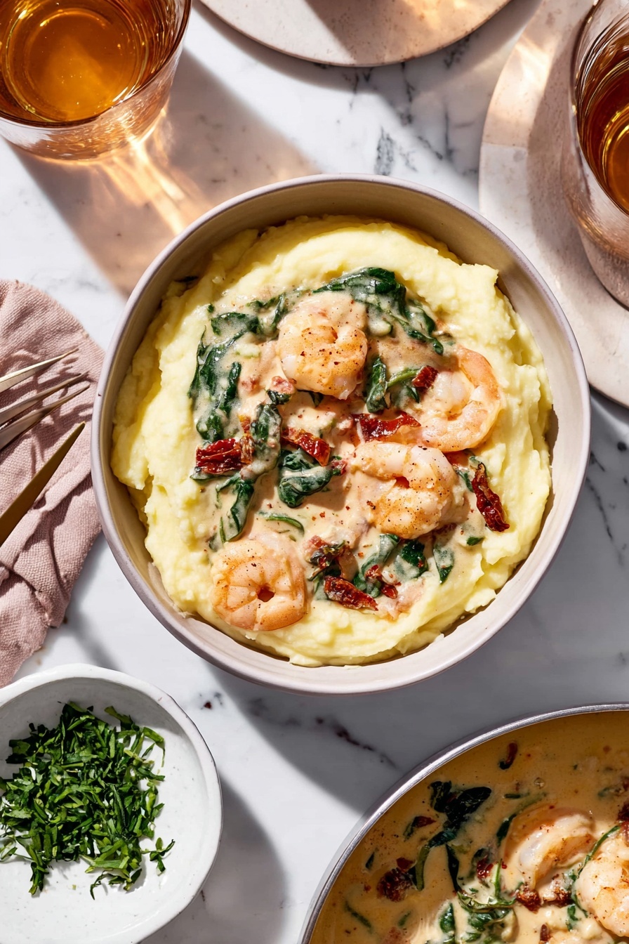 Creamy Tuscan Garlic Shrimp, Creamy Tuscan Shrimp recipe, garlic shrimp dinner, quick shrimp pasta, easy seafood recipe - The dish shows one white bowl filled with three layers: the bottom layer is smooth creamy mashed potatoes in pale yellow, the middle layer is a light beige creamy sauce with visible chunks of shrimp and pieces of spinach with dark green leaves, and the top layer features shrimp in the sauce, with some spinach leaves and bits of sun-dried tomatoes adding dark red spots. The bowl is set on a white marbled surface next to a small white bowl with chopped green herbs, a glass of light amber drink casting soft shadows, and part of a pan containing more creamy shrimp sauce. A fork lies nearby on the surface, and a woman’s hand is not directly visible but implied by the close-up setting. photo taken with an iphone --ar 2:3 --v 7