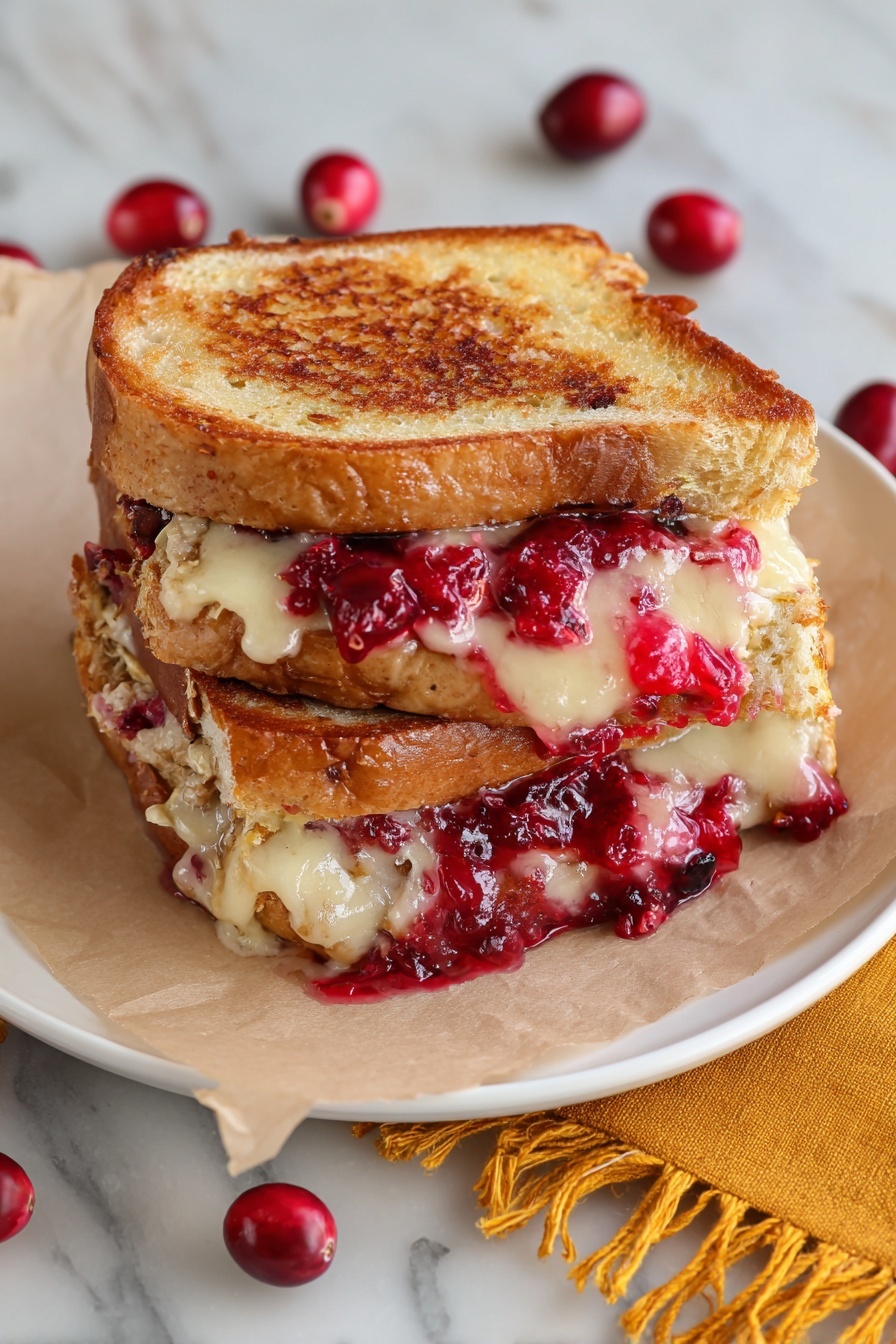 Cranberry Turkey Grilled Cheese, turkey grilled cheese sandwich, holiday grilled cheese, Thanksgiving grilled cheese, easy cranberry cheese sandwich - A grilled sandwich with two toasted golden-brown bread slices stacked on top of each other, showing melted white cheese oozing out between the layers along with bright red cranberry sauce. The sandwich is placed on a piece of parchment paper on a white plate, all set on a white marbled surface. Some whole cranberries are scattered around the plate, and a mustard-yellow fringed cloth is partly visible at the bottom right corner. Photo taken with an iphone --ar 2:3 --v 7