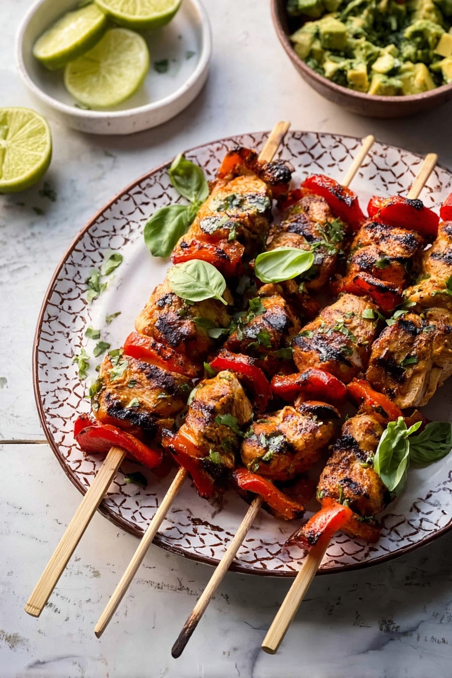 Grilled Chili Lime Honey Chicken, Chili Lime Honey Chicken with Sweet Potatoes and Avocado Salsa, healthy grilled chicken recipes, flavorful chicken dinner, easy summer chicken recipes - Four wooden skewers lie side by side on a white plate with a brown patterned rim, each skewer layered with pieces of grilled chicken and red bell pepper slices. The chicken pieces are golden brown with visible grill marks and a slightly charred texture. Bright green basil leaves are placed sparingly on top of the skewers. The plate rests on a white marbled surface. On the left side, there are two squeezed lime halves and a white bowl with chopped green herbs and avocado chunks. The scene is lit with natural light, emphasizing the freshness and char of the food. Photo taken with an iphone --ar 2:3 --v 7