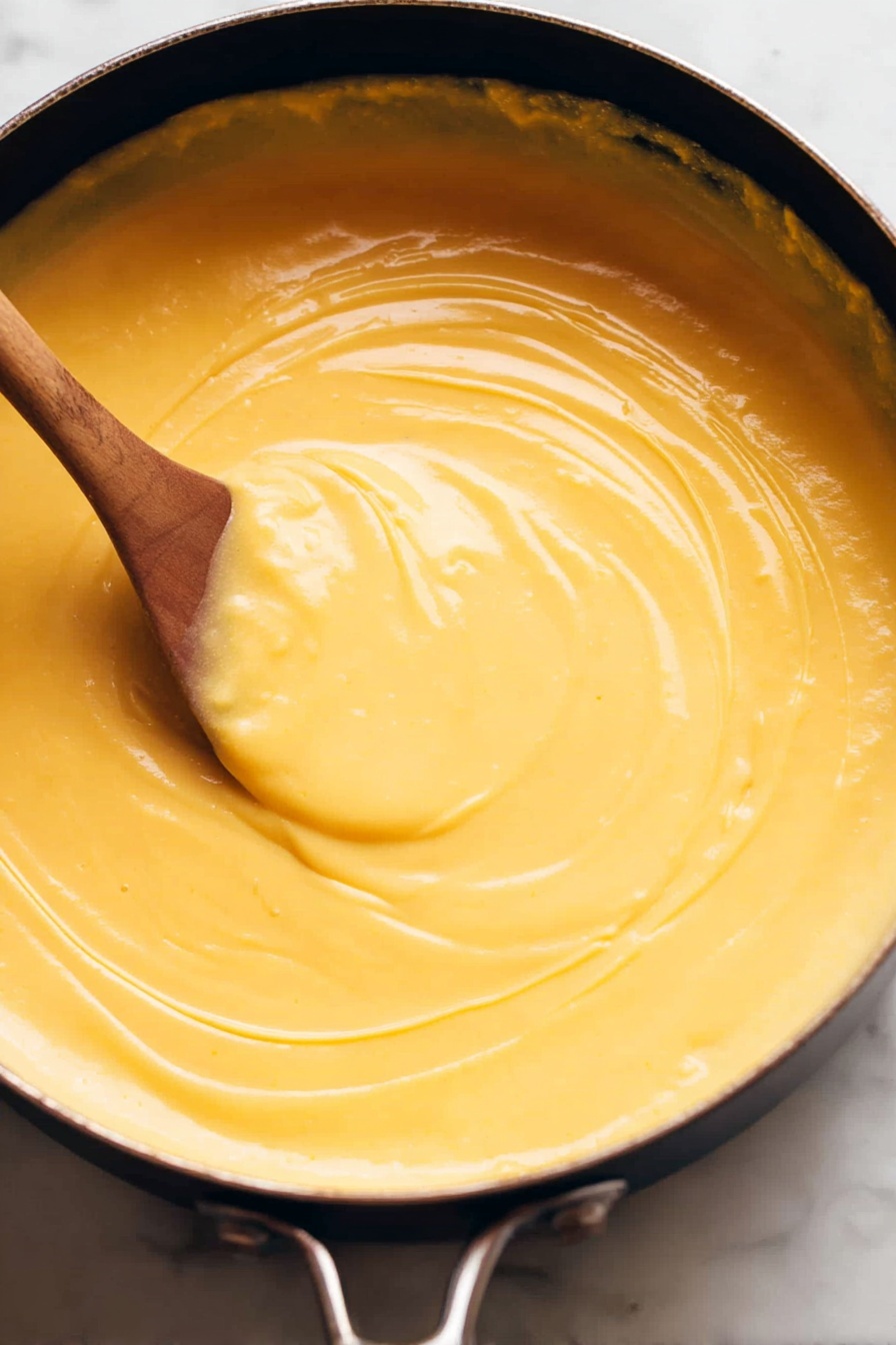 Vegan Beer Cheese, vegan beer cheese dip, plant-based beer cheese, dairy-free beer cheese recipe, vegan cheese sauces - A close-up view of a large black pot filled with smooth, creamy, yellow soup or sauce, with a wooden spoon partially submerged stirring the thick mixture, creating a swirl pattern on the surface. The pot sits on a white marbled surface, highlighting the rich texture and warm color of the liquid. Photo taken with an iphone --ar 2:3 --v 7