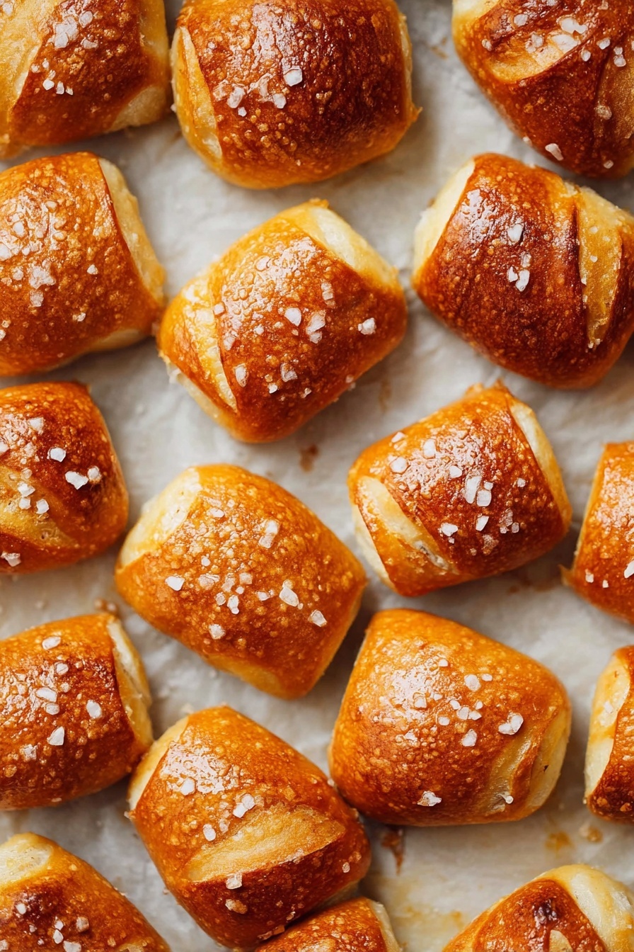Vegan Pretzel Bites, vegan pretzel snack, homemade vegan pretzels, plant-based pretzel recipe, easy vegan snacks - This image shows many small golden brown pretzel bites placed closely together in a grid pattern on a slightly shiny white baking sheet lined with parchment paper. Each pretzel bite has a smooth, shiny top crust with a few visible cracks and is sprinkled with coarse white salt crystals. The texture looks soft on the inside with a firm, slightly crispy outside. The warm orange-brown color varies slightly on each piece, giving a fresh baked look. The baking sheet rests on a white marbled surface photo taken with an iphone --ar 2:3 --v 7