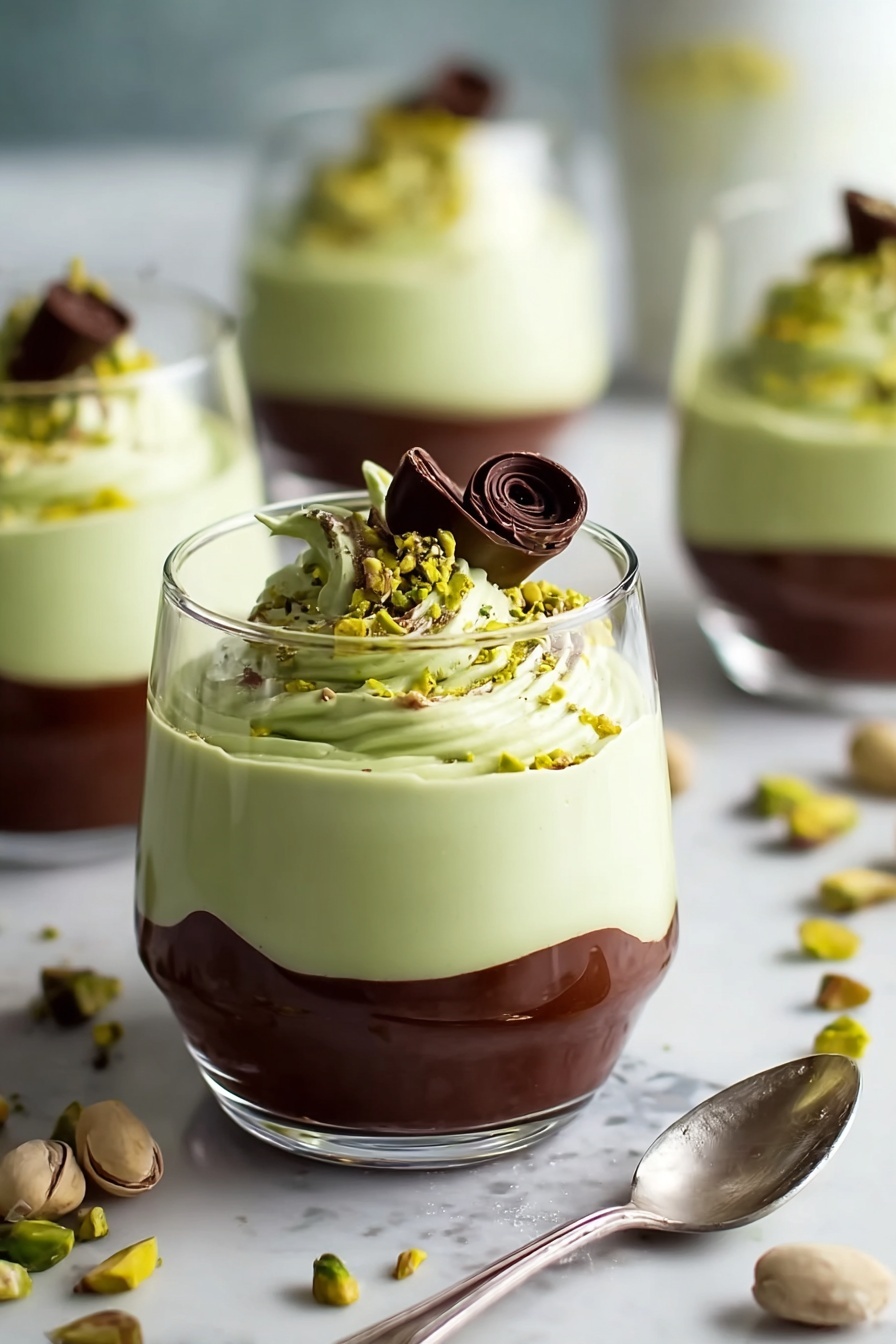 Pistachio Mousse with Chocolate Ganache, pistachio mousse dessert, chocolate ganache recipe, elegant pistachio dessert, easy mousse with chocolate - A clear glass holds a dessert with two layers: the bottom layer is a dark brown smooth pudding, and on top is a thick light green creamy swirl filling the glass almost to the top. The creamy layer is decorated with a small dollop of the same green cream, a small chocolate curl, and sprinkled with green crushed pistachios. Similar glasses with the same dessert are blurred in the background, set on a white marbled surface with scattered pistachios around. A woman's hand holds a silver spoon near the edge of the frame. photo taken with an iphone --ar 2:3 --v 7