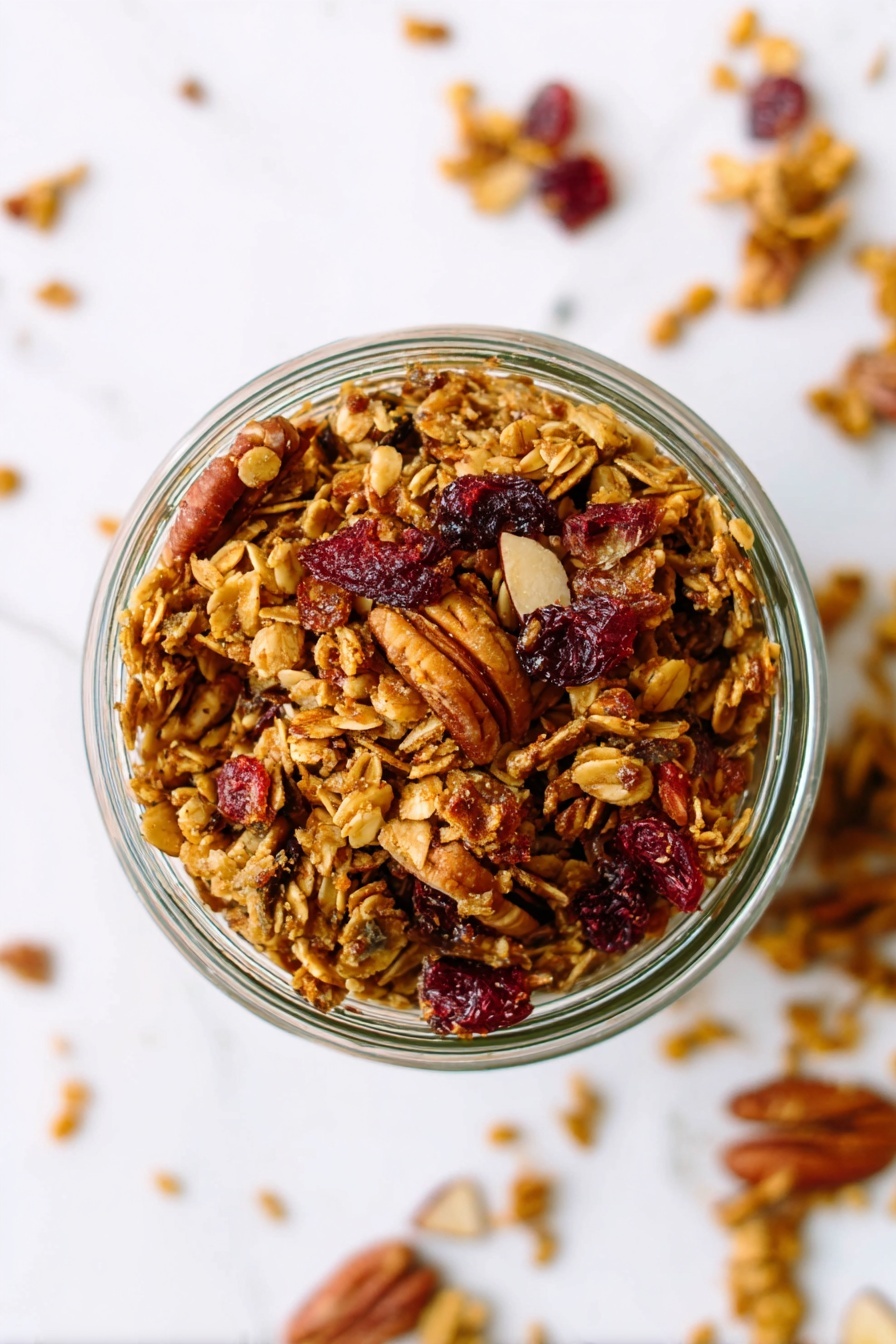 Gingerbread Granola, holiday granola recipes, healthy gingerbread snack, festive breakfast ideas, homemade granola with spices - A close-up top view of a glass bowl filled with granola that has one layer; the granola is a mix of golden brown oats, darker brown pecans, reddish dried cranberries, and lighter almond flakes scattered throughout. The bowl sits on a white marbled texture with a few small granola pieces scattered around it. photo taken with an iphone --ar 2:3 --v 7
