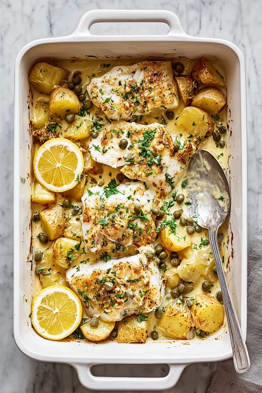 Cod & Potatoes in Rosemary Cream Sauce, cod and potato dinner, rosemary cream sauce recipe, easy seafood recipes, comforting fish and potato dishes - A white baking dish filled with four pieces of flaky white fish layered on top of golden roasted potato chunks, all covered in a creamy sauce with herbs and capers scattered across. Two thin lemon slices rest on the right side, adding a bright touch. The sauce has a light beige color with green herb bits mixed in, and the potatoes have a slightly crispy brown edge. The background is a white marbled surface with a white bowl of chopped parsley and a white plate with cracked black pepper visible near the top right. A large silver spoon rests at the top left inside the dish. Photo taken with an iphone --ar 2:3 --v 7