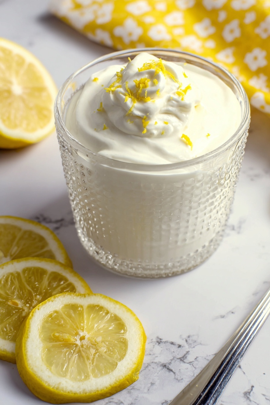 Lemon Mousse, Lemon Mousse Recipe, Easy Lemon Dessert, Refreshing Lemon Dessert, Light Dessert Recipes - The image shows a clear glass cup filled with a smooth white creamy dessert that appears to be layered twice, topped with a dollop of whipped cream and tiny yellow lemon zest pieces scattered on top. The cup has a textured design around its edges and is placed on a white marbled surface. To the left of the cup, there are three bright yellow lemon slices stacked slightly overlapping each other. On the right side, a silver spoon lies flat on the surface. A yellow cloth with white patterns is partly visible in the upper right corner. Photo taken with an iphone --ar 2:3 --v 7