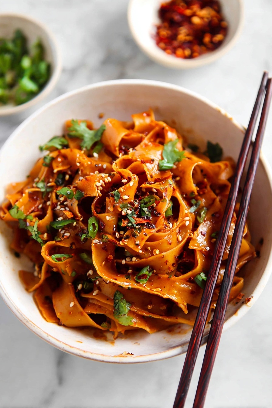 Spicy Chili Garlic Noodles, spicy noodle stir-fry, easy Asian noodle recipe, quick spicy garlic noodles, flavorful chili garlic pasta - The image shows a white pot filled with four layers of wide, flat noodles cooked in a dark brown sauce, giving the noodles a shiny and rich look. Scattered over the noodles are small pieces of green herbs and tiny bits of red chili pepper, adding a touch of color and texture. The noodles are swirled and mixed together with some areas appearing thicker and some thinner, showing a soft and smooth texture. The pot sits on a white marbled surface with a pair of dark brown chopsticks resting beside it. Nearby, there is a small white bowl filled with red chili flakes. Photo taken with an iphone --ar 2:3 --v 7