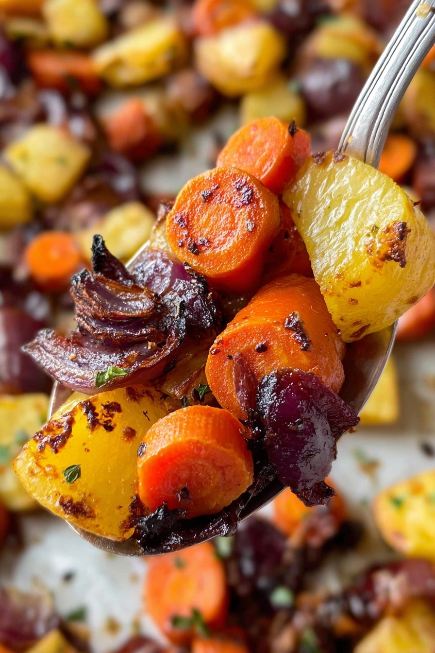 Maple Dijon Roasted Carrots and Apples, roasted carrots with maple and Dijon, fall side dishes with apples and carrots, easy roasted vegetable recipes, cozy autumn side dish - A close-up image of roasted vegetables on a silver spoon held over a white marbled surface, showing three layers of vegetables: bright orange carrot slices with a slightly charred dark brown edge, golden yellow potato chunks with crisped edges and specks of herbs, and deep purple pieces of onion with a caramelized texture and some blackened spots. The background is filled with more roasted vegetables in the same colors and textures, creating a vibrant mix of orange, yellow, and purple tones. Photo taken with an iphone --ar 2:3 --v 7