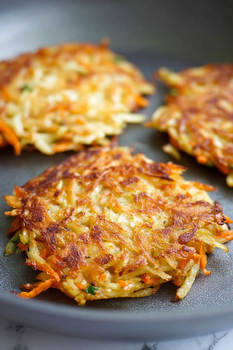 Cabbage Fritters, Cabbage Fritters Recipe, savory cabbage fritters, crispy cabbage fritters, easy vegetable fritters - The image shows three crispy golden-brown patties cooking on a gray pan, each patty made from shredded vegetables with visible orange and pale yellow strands, likely carrots and potatoes, with small green bits. The front patty is in sharp focus, showing a crunchy, textured surface with some darker brown edges, while the other two patties are more blurred in the background. The gray pan contrasts with the warm colors of the patties, and the background is a white marbled texture. Photo taken with an iphone --ar 2:3 --v 7