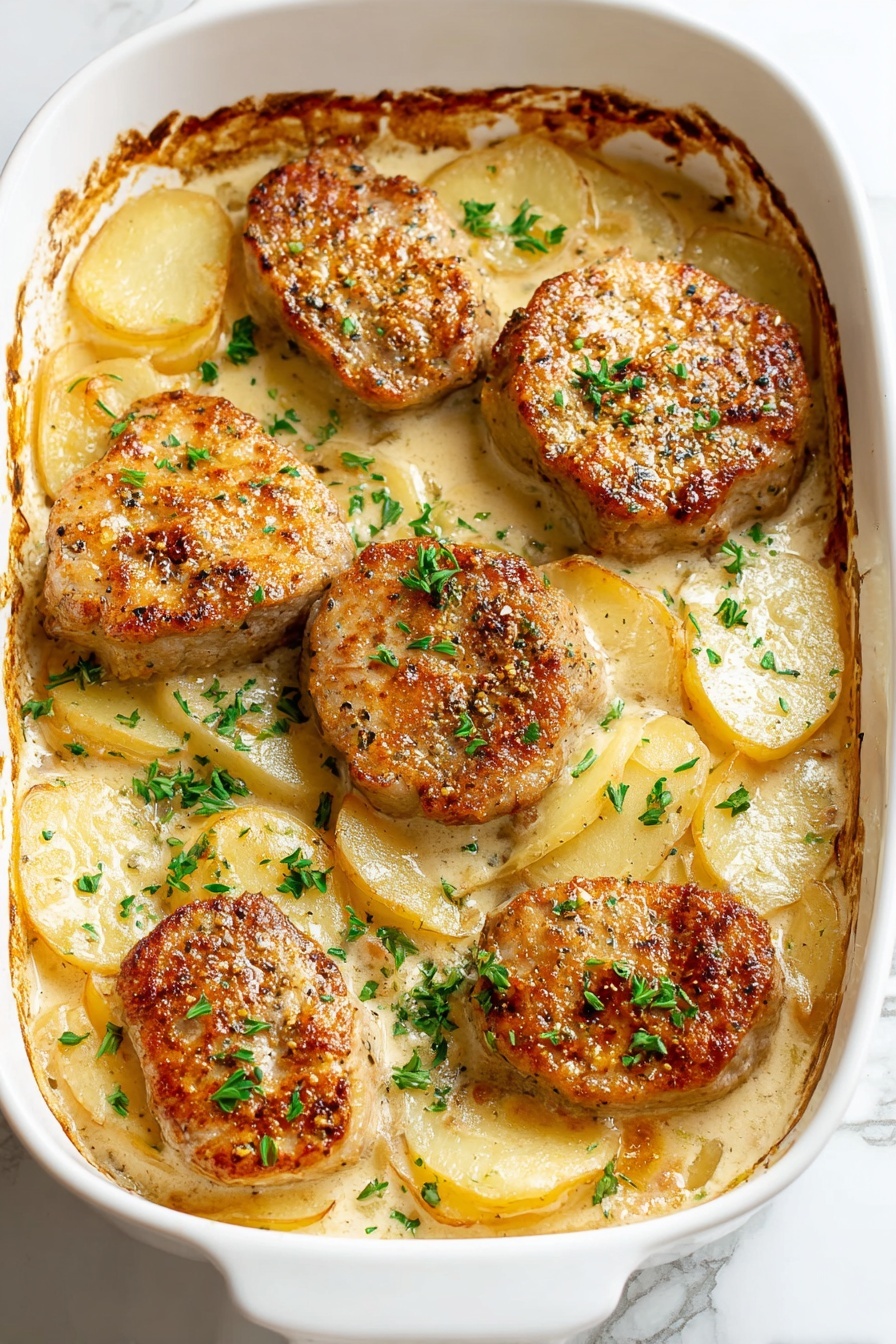 Smothered Pork Chops with Scalloped Potatoes, hearty pork chop dinner, creamy scalloped potatoes recipe, comforting pork chop casserole, easy one-pot pork recipe - In a white baking dish, there are five golden brown cooked meat pieces placed on top of a layer of thin potato slices. The potatoes are creamy white with a soft texture, showing slightly browned edges. The meat has a warm brown crust with visible pepper seasoning. Bits of chopped green herbs are sprinkled over the dish, adding a fresh color contrast. The edges of the baking dish show some browned sauce residue, and the background is a white marbled surface. photo taken with an iphone --ar 2:3 --v 7