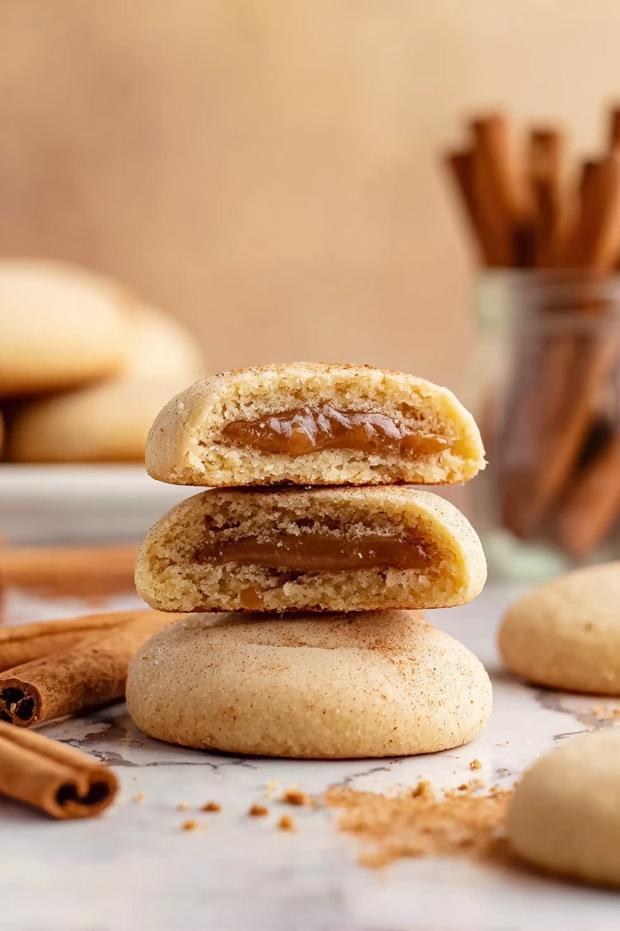 Brown Sugar Pop Tart Cookies, homemade pop tart cookies, easy dessert recipes, cinnamon sugar cookies, sweet snack ideas - The image shows a stack of three soft cookies on a white marbled surface, with a close-up of two halves of one cookie placed on top, revealing a cinnamon-colored filling inside. The cookies are light golden brown with a smooth, slightly cracked surface. Scattered cookie crumbs and two cinnamon sticks lie next to the stack, while blurred cookie batches and a glass jar filled with cinnamon sticks appear in the background, all set against a warm, beige backdrop. photo taken with an iphone --ar 2:3 --v 7